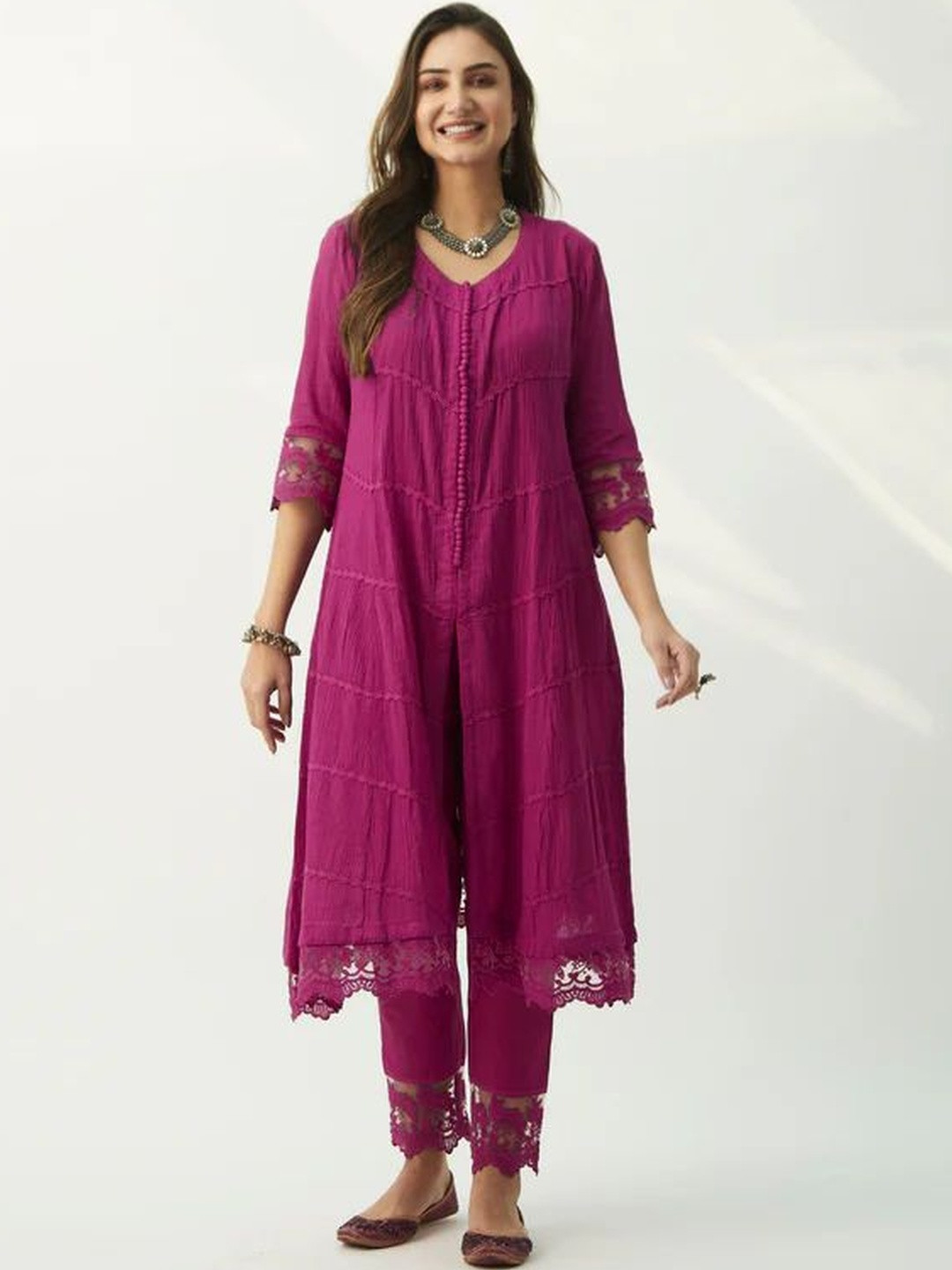ROZE V-Neck Three-Quarter Sleeves Tiered Cotton A-Line Kurta