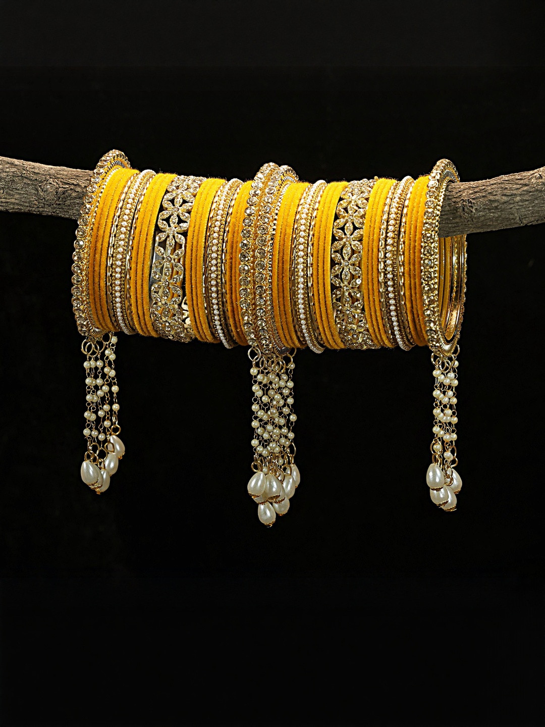 GLIKA Pack Of 42 Metal Base Zircon Gemstone Pearls Studded Bangle Set