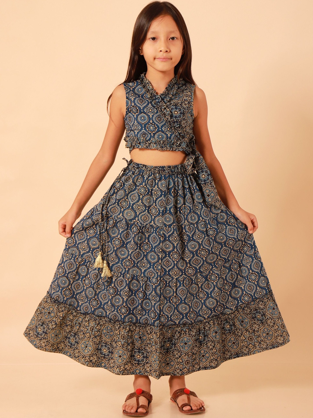 Sangria Girls Block Print Cotton Top & Lehenga