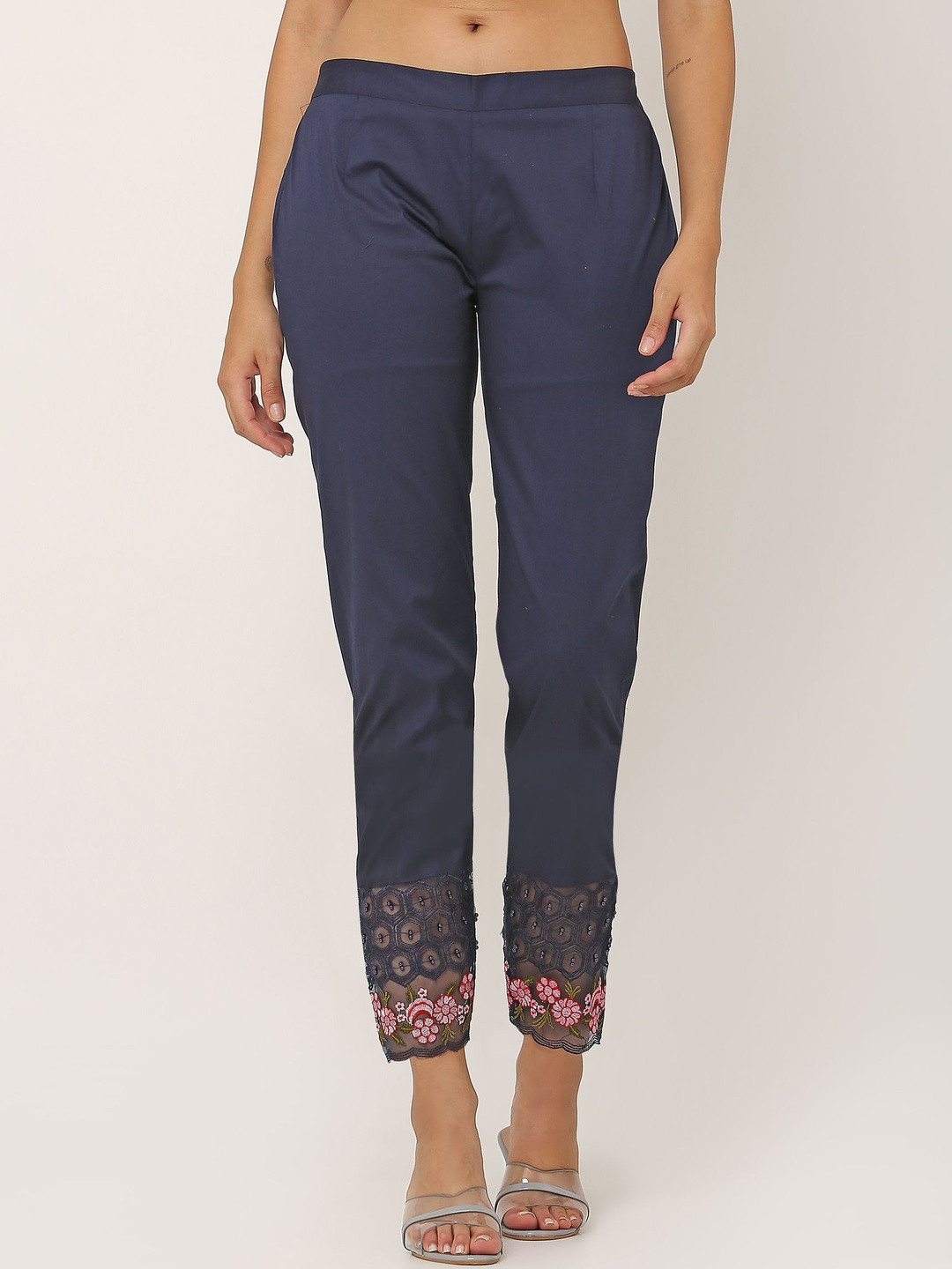 Moda Rapido Women Navy Blue Stretchable Cotton Embroidery Lace Pant