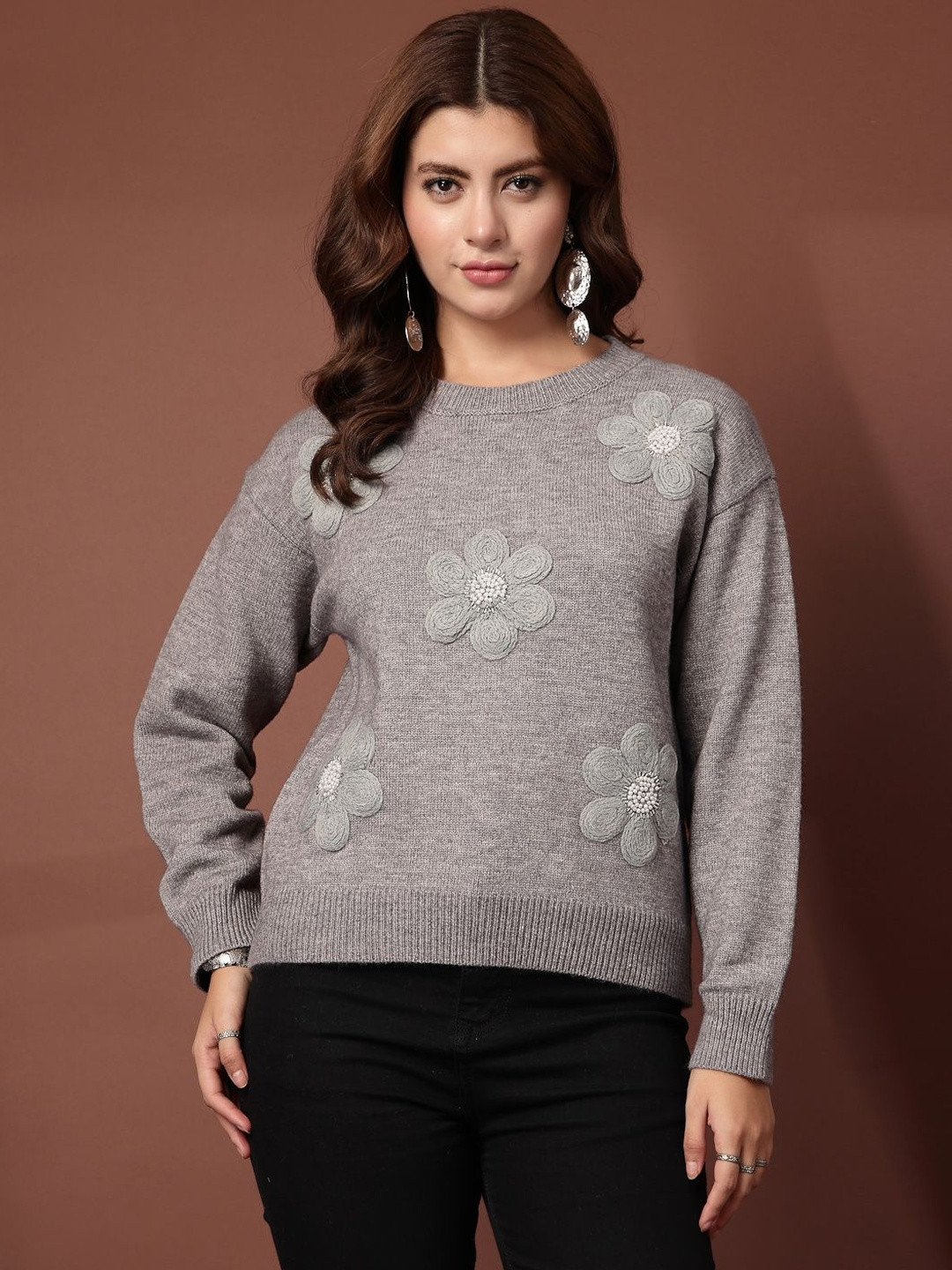 Mafadeny Women Floral Embroidered Rond Neck Long Sleeve Top