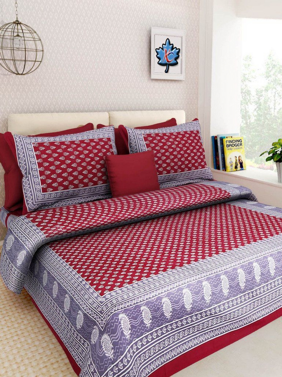UNIBLISS Maroon & Grey Floral Printed 144 TC Cotton Queen Bedsheet Set 2.35m x 2.15m