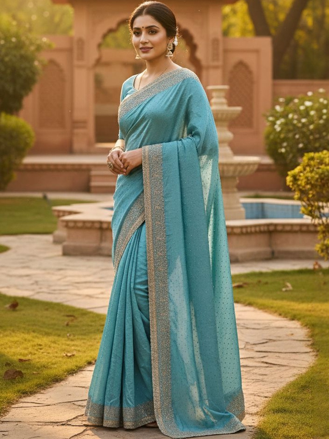 Labheshwari Women Blue Embellished Embroidered Silk Blend Designer Saree