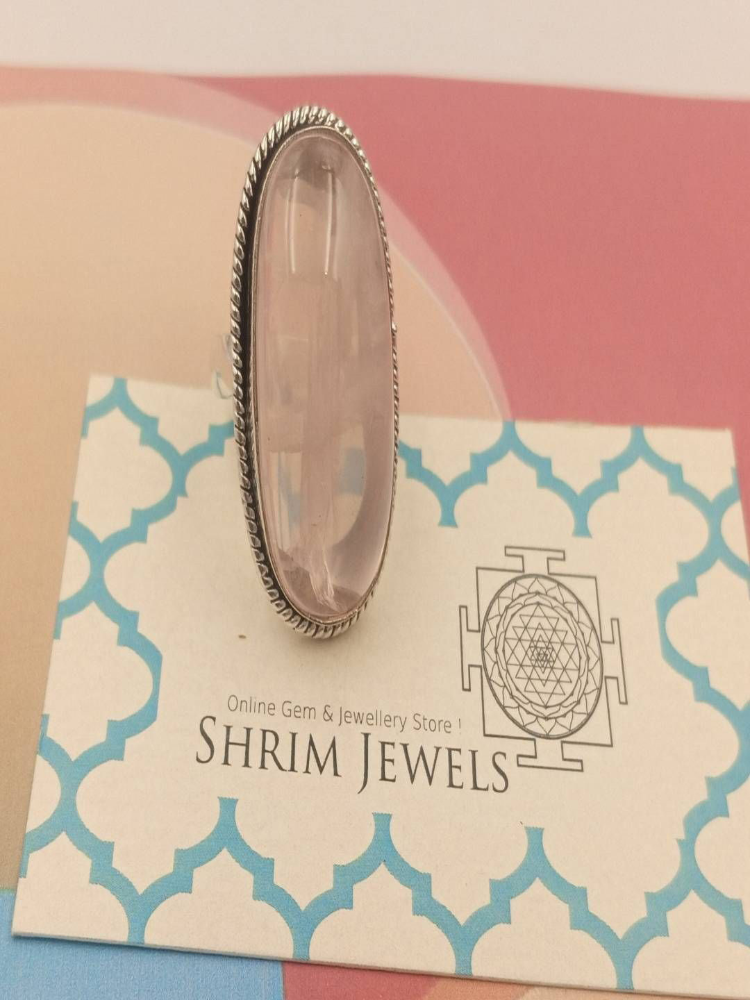 Shrim jewels German Silver Rose Quartz Studded Adjustable Oval Oxidised Finger Ring