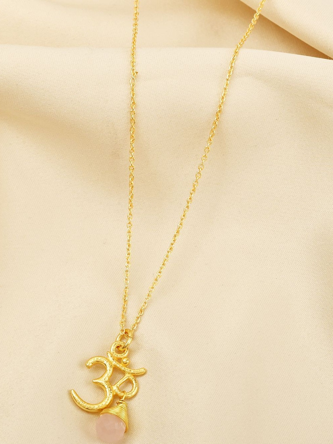 La Vita Brass Gold-Plated Real Stones Studded Om Shaped Minimal Necklace