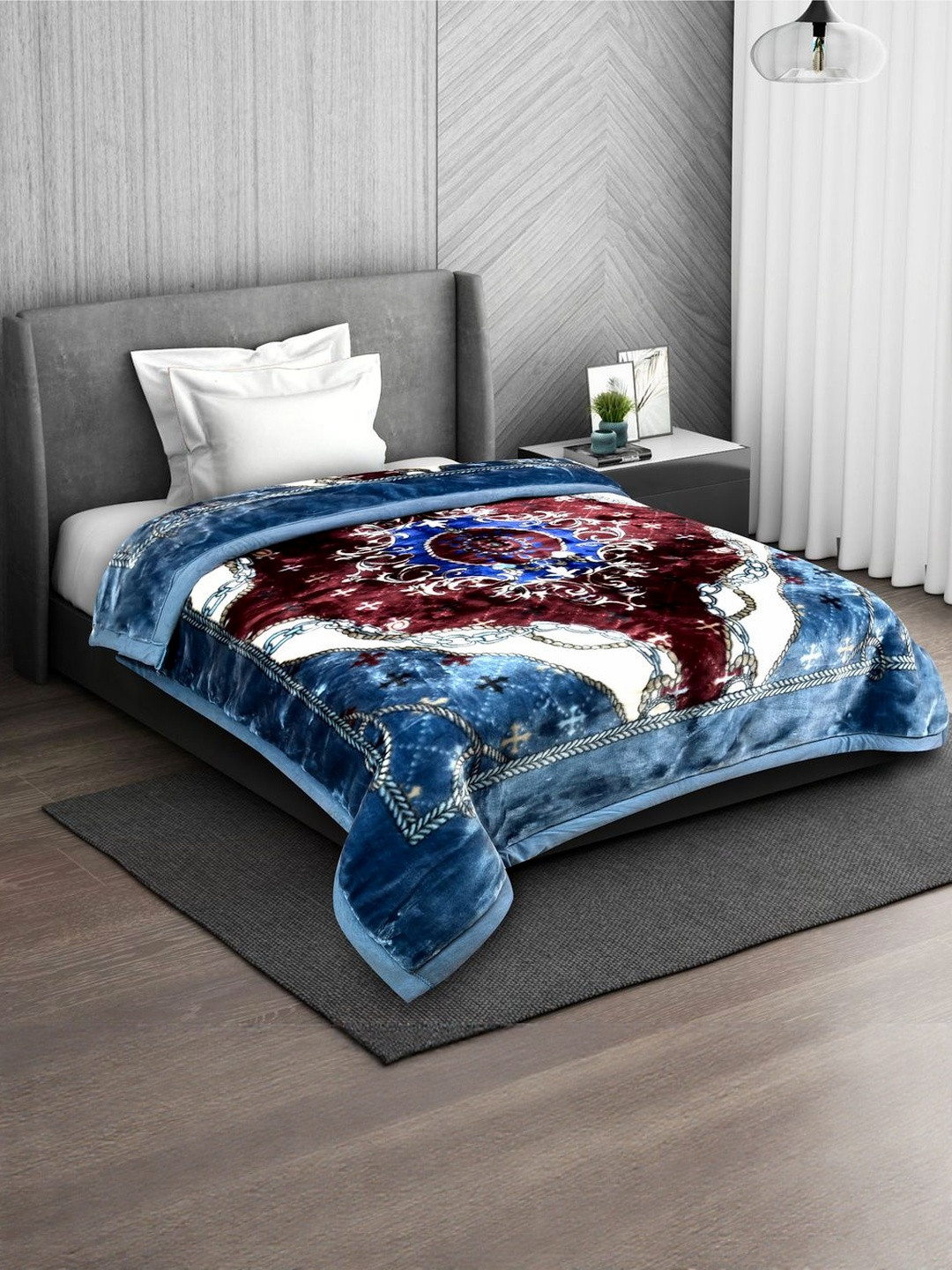 Signature Blue Floral Mink Heavy Winter Single Bed Blanket- 1200 GSM