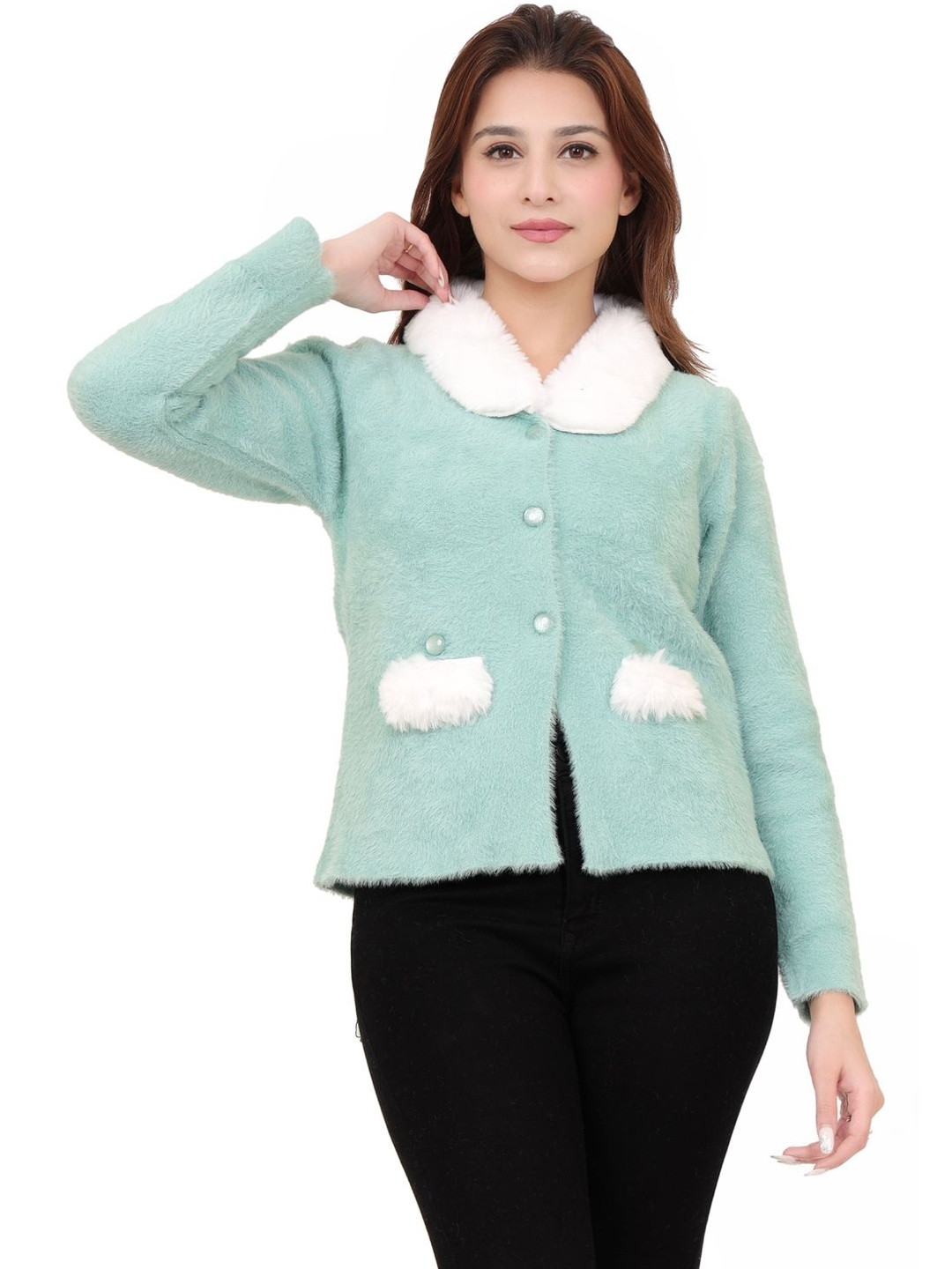 Hallinton Solid Faux Fur Trim Peter Pan Collar Long Sleeves Top