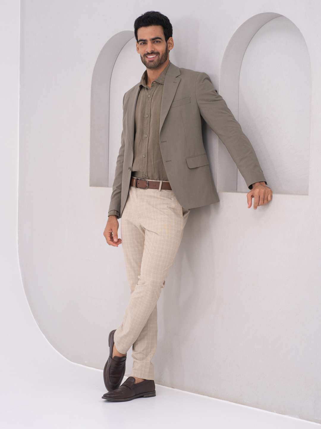 The Pant Project Men Sandpiper Beige Checks Slim Fit Stretch Formal Pants