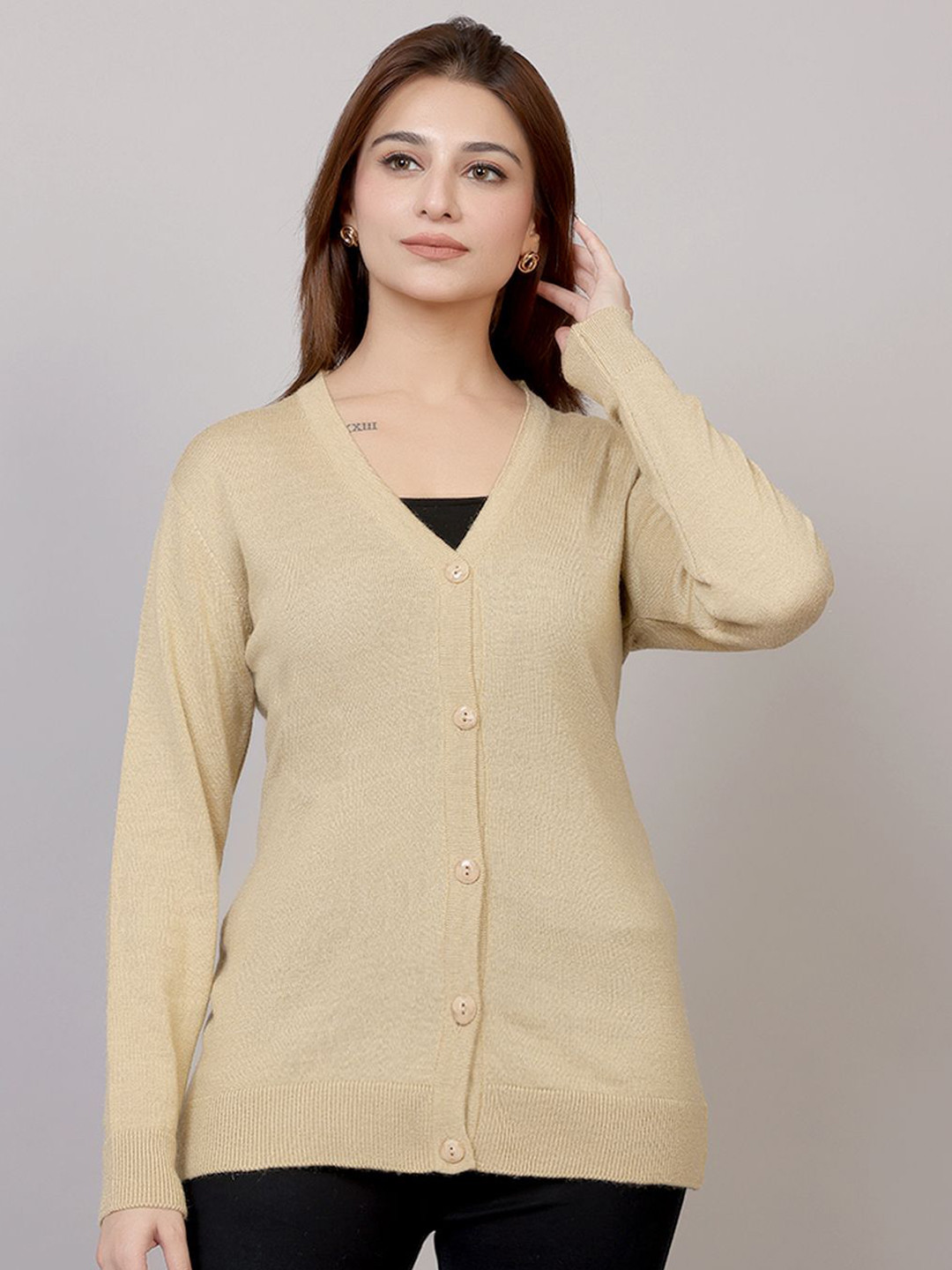 FEVERFEW Classic V-Neck Front-Open Woollen Sweater
