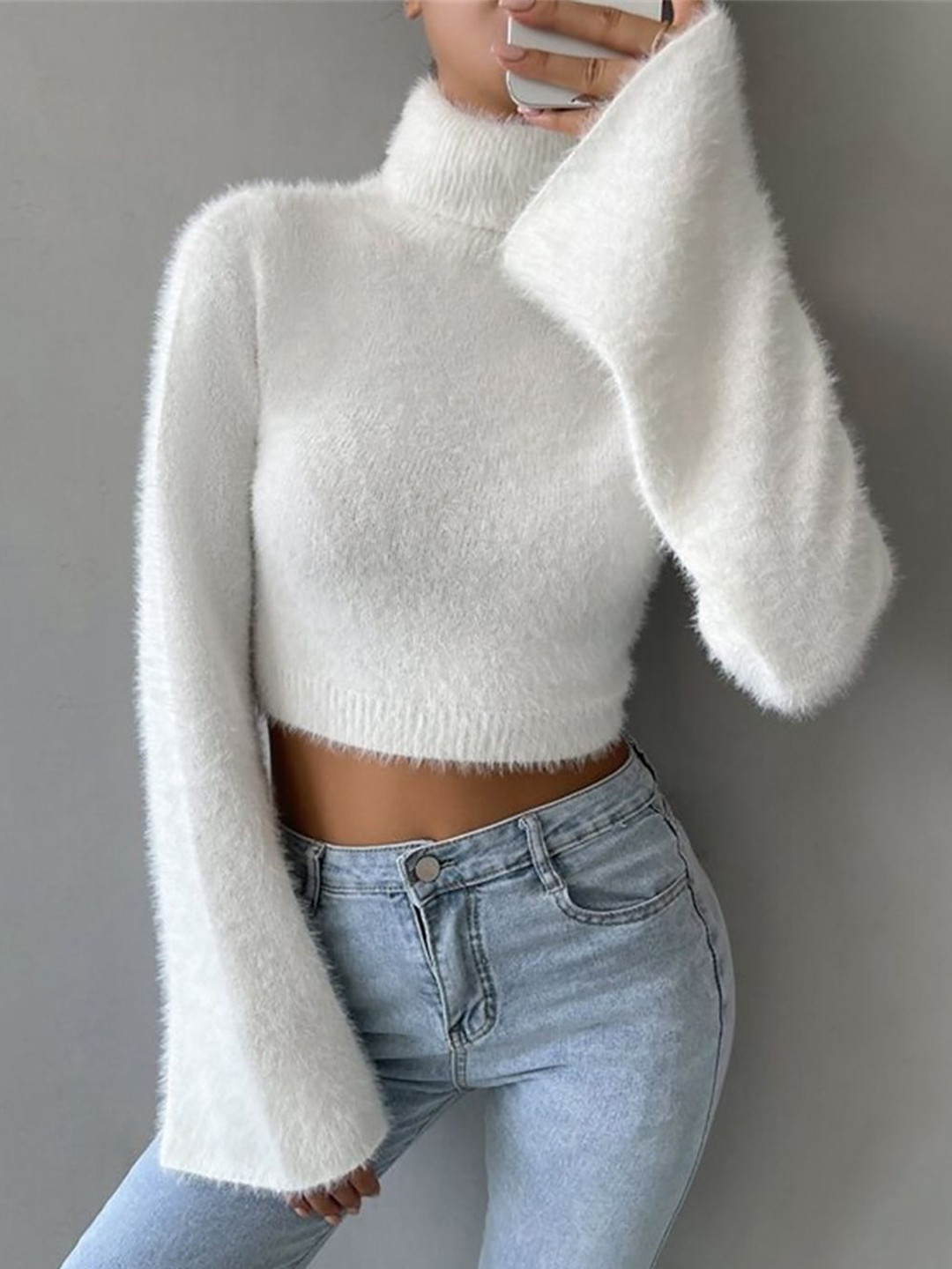 StyleCast Women Solid  Long Sleeves Turtle Neck Crop Pullover Sweaters