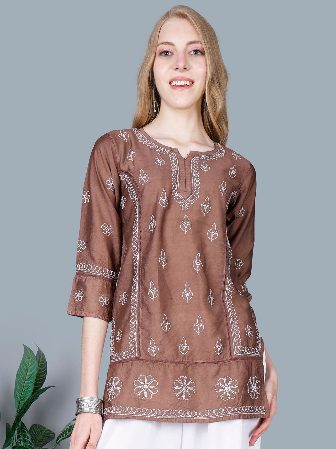 NAZAQAT ETHNIC INDIA Women Chikankari Hand Embroidery Lucknowi Chanderi Short kurti