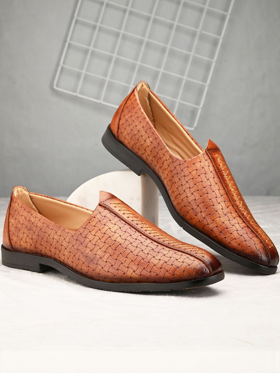 HERE&NOW Men Tan Textured Round Toe Synthetic Patent Slip On Loafers