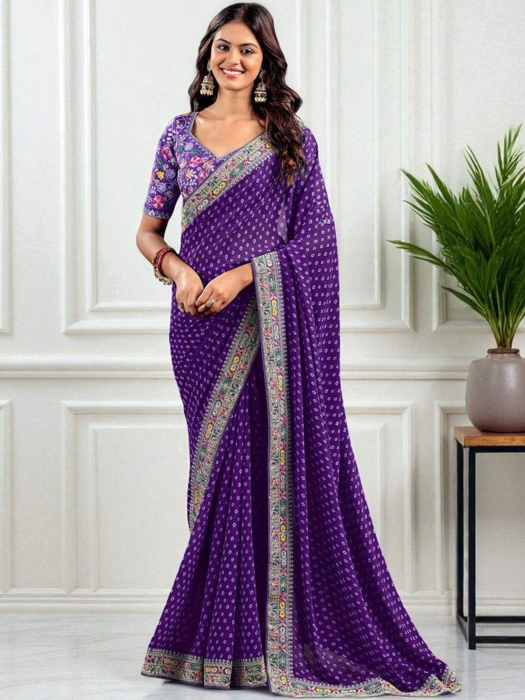 HERE&NOW Women Purple Bandhani Pure Georgette Saree with Lace Border
