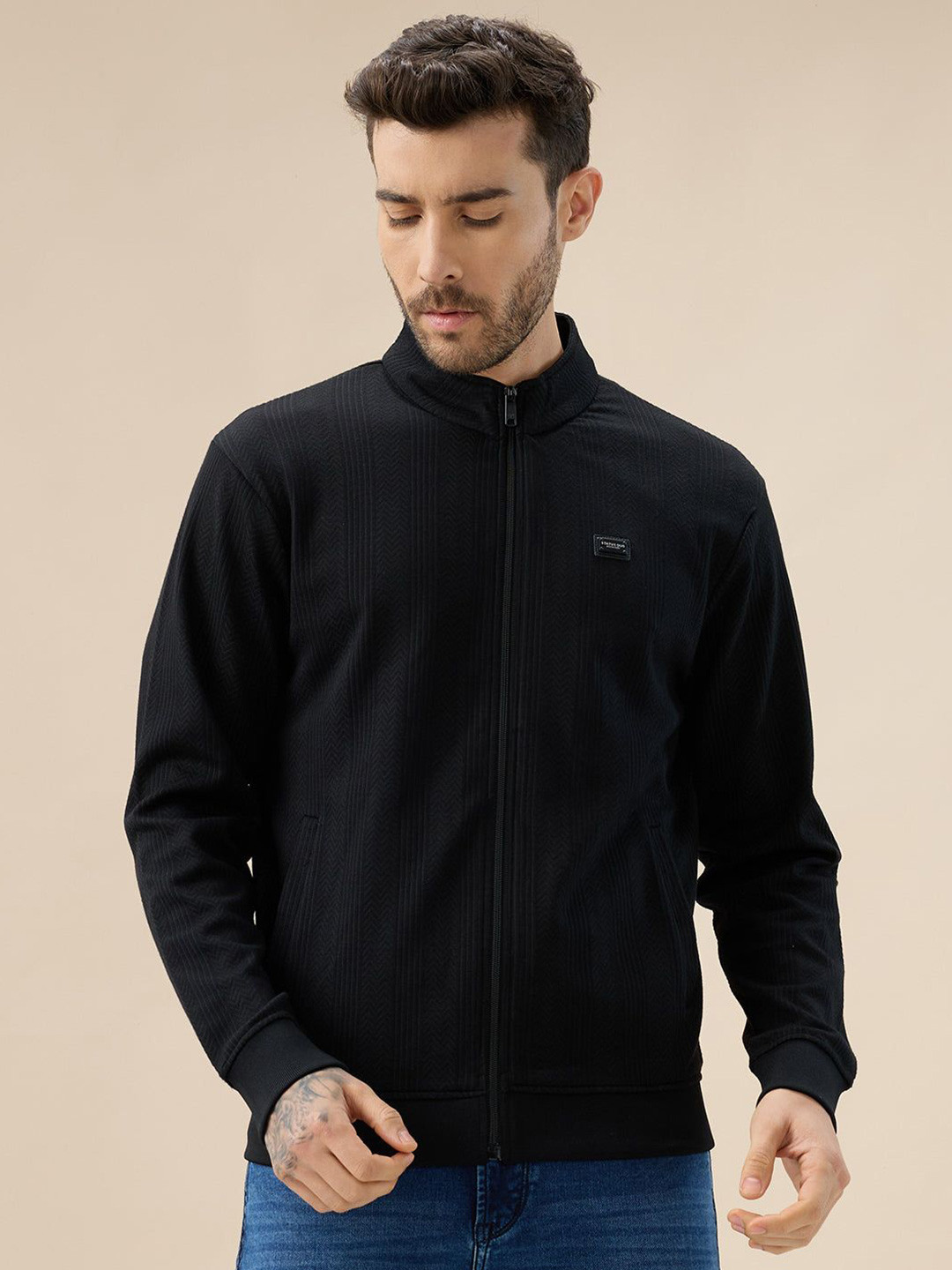 Status Quo Men Textured Mock Neck Full Sleeves Sweatshirt with Zipper Closure