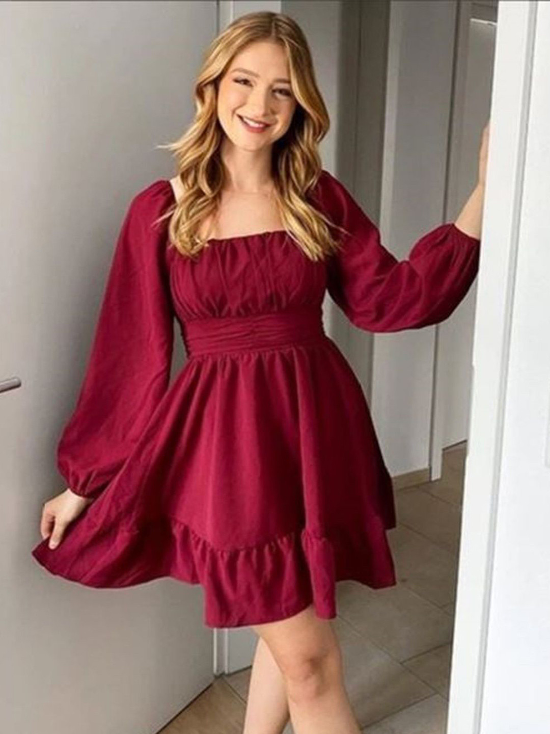 Hba  Women Puff Sleeve Ruffled Cotton Fit & Flare Dress