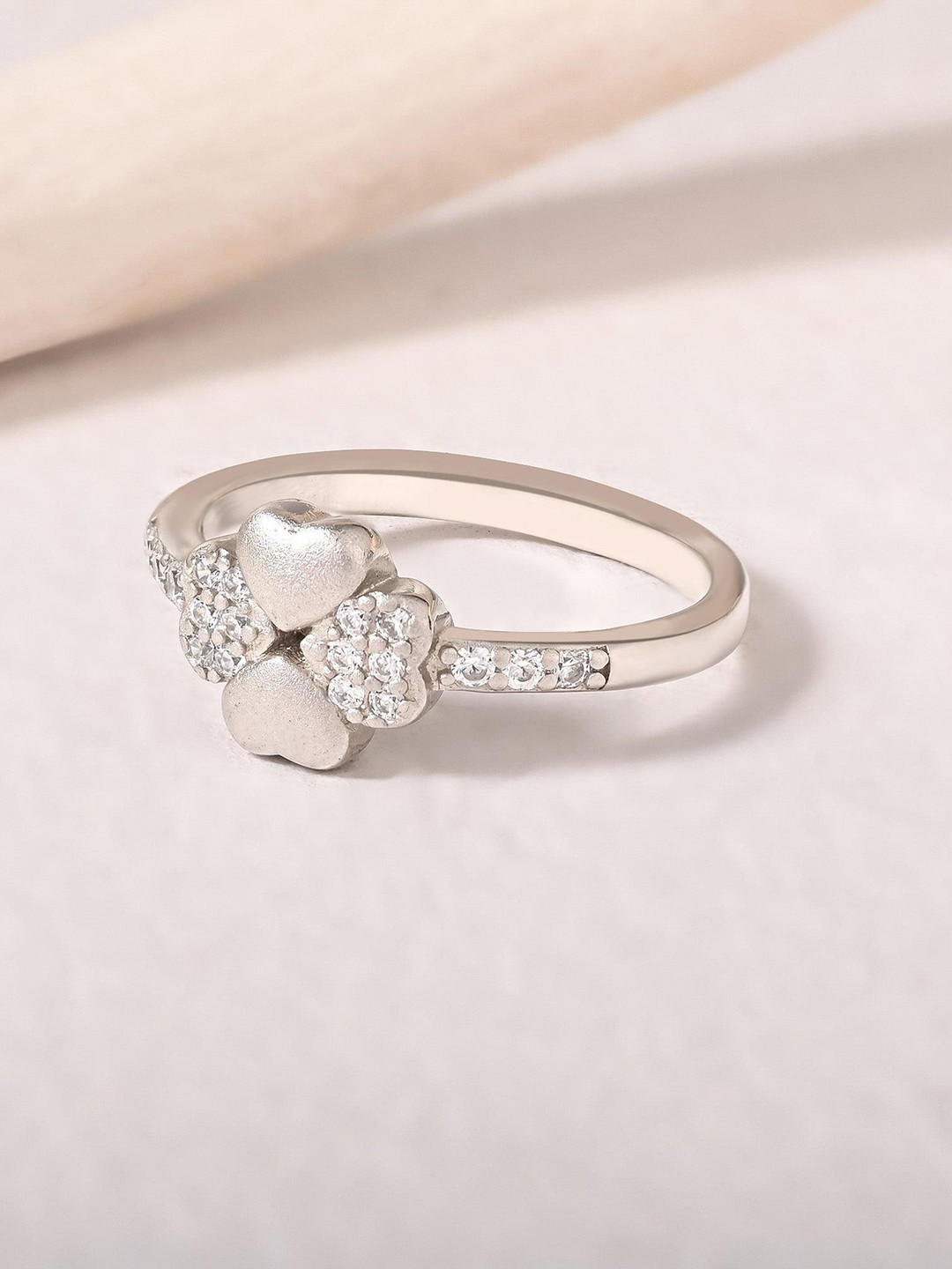 TOUCH925 Silver Rose Gold Plated Cubic Zirconia Studded Hearts Connection Finger Ring