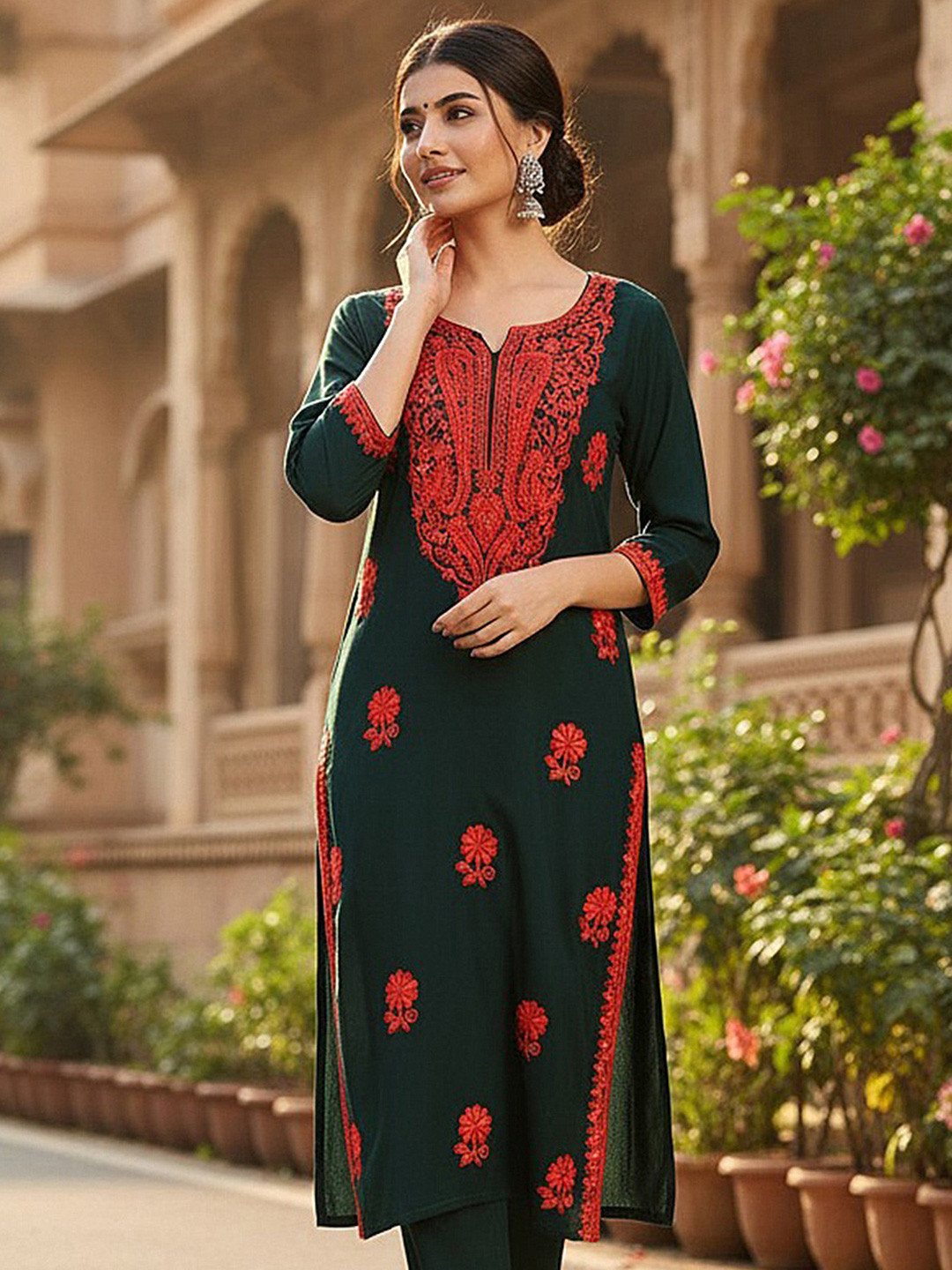 AHIKA Floral Embroidered Straight Kurta