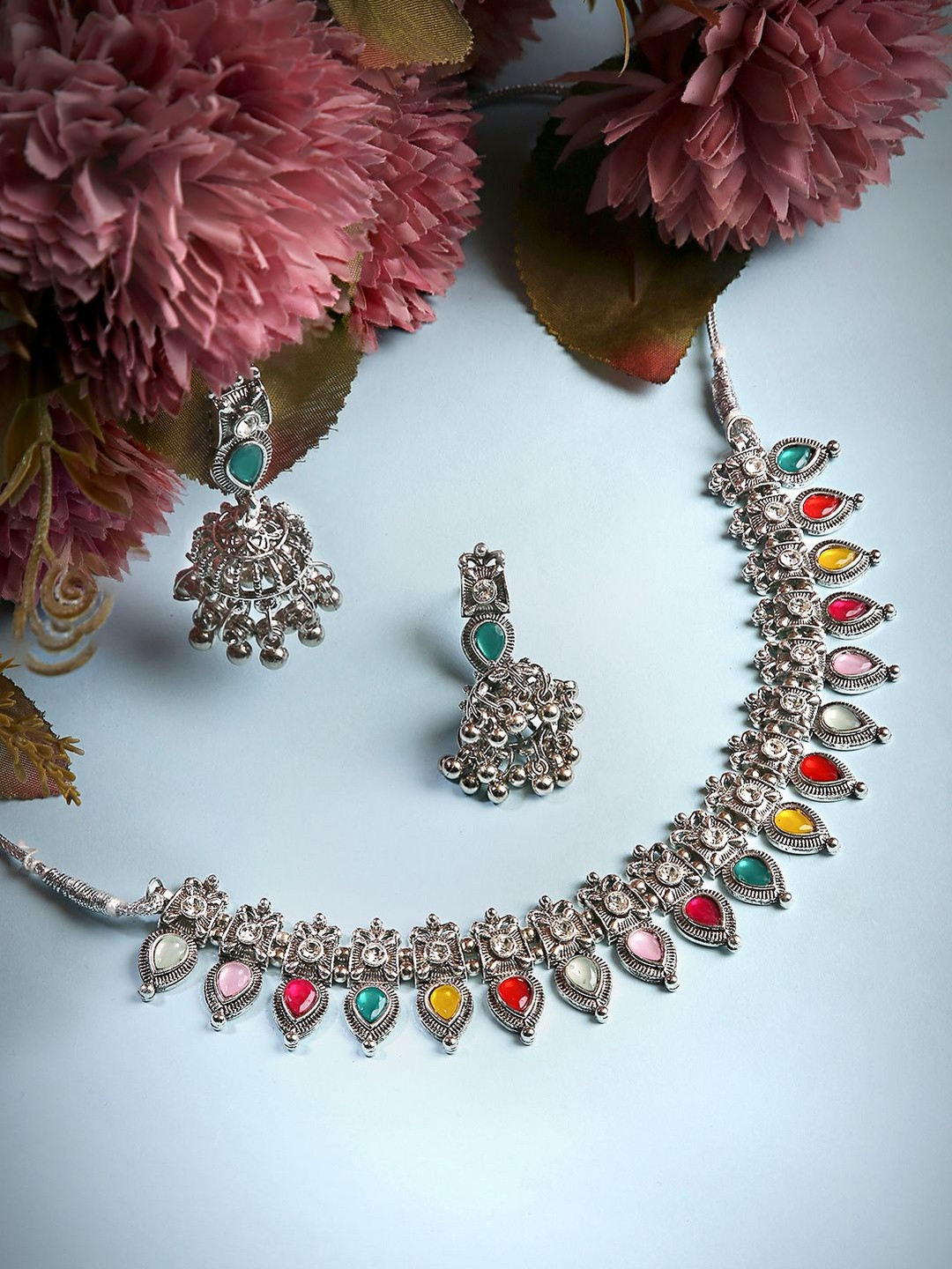 QUEENS NECK Silver-Plated Stones Studded and Beaded Oxidised Necklace & Earrings