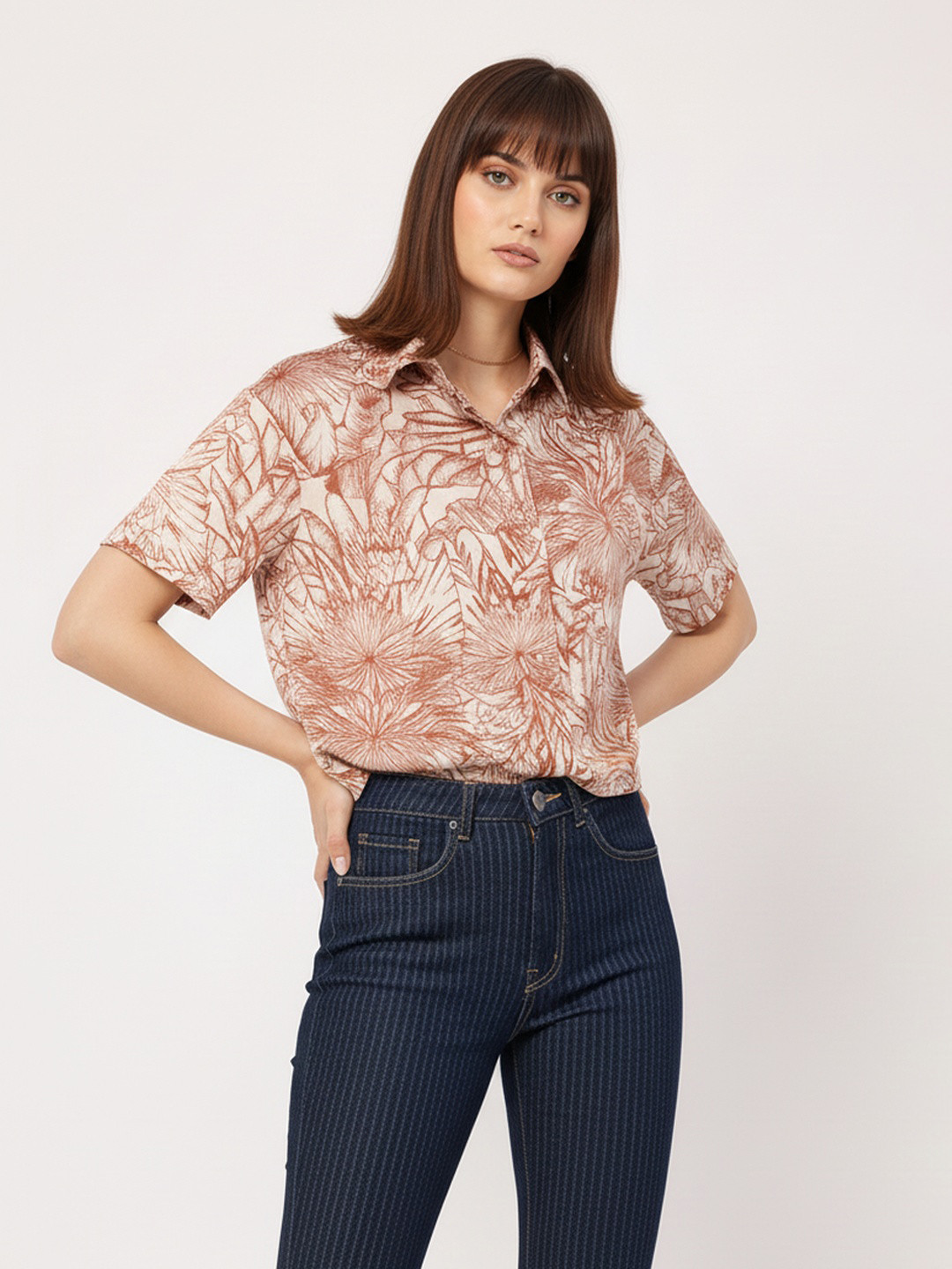 DressBerry Timeless & Versatile Satin Finish Floral Printed Boxy Shirt