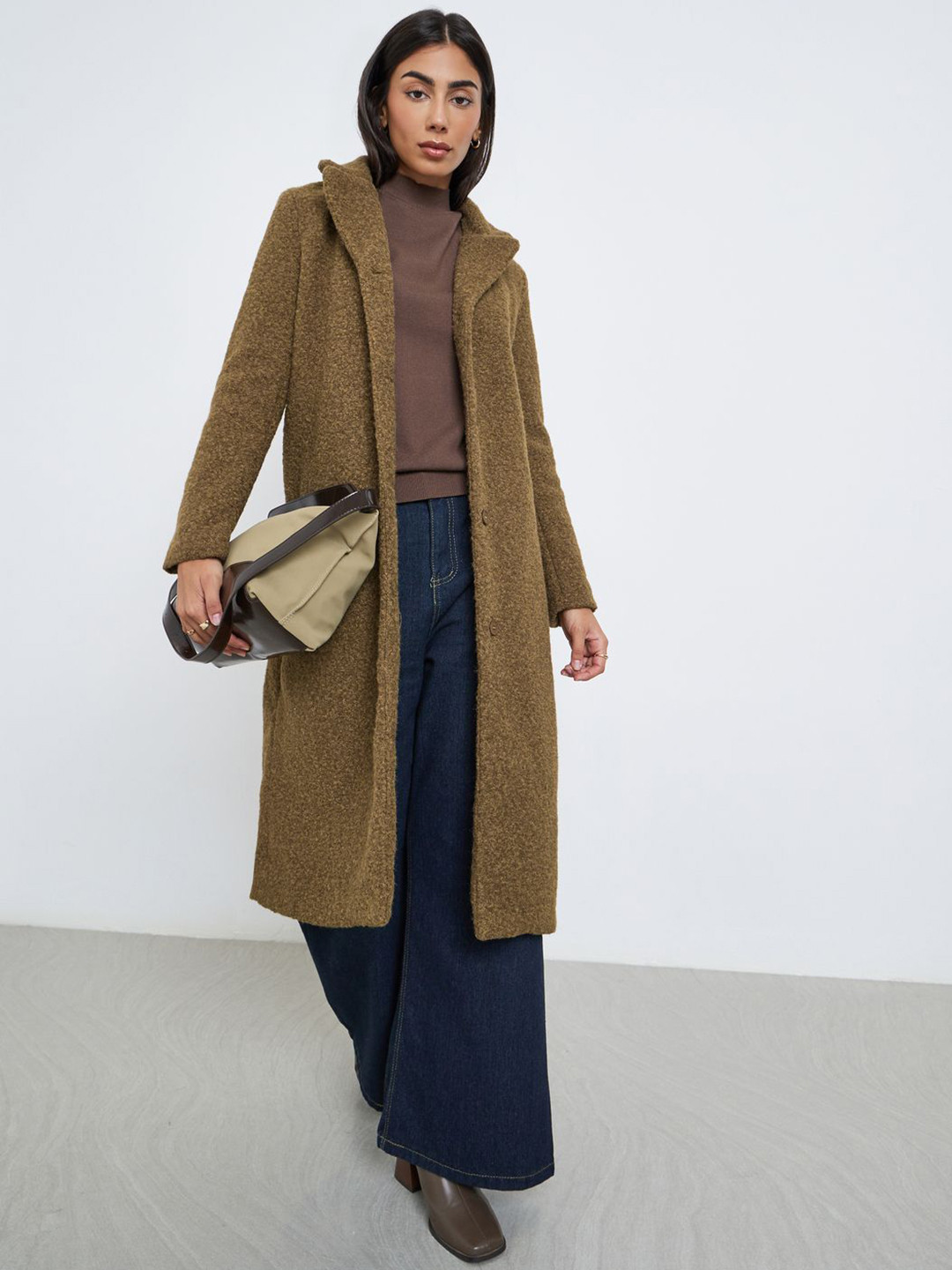 Styli Women Self-Designed Woolen Notched Lapel Collared Longline Overcoat