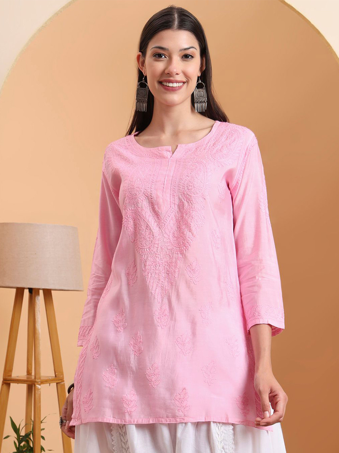 ELENORA Floral Embroidered Chanderi Chikankari Kurti