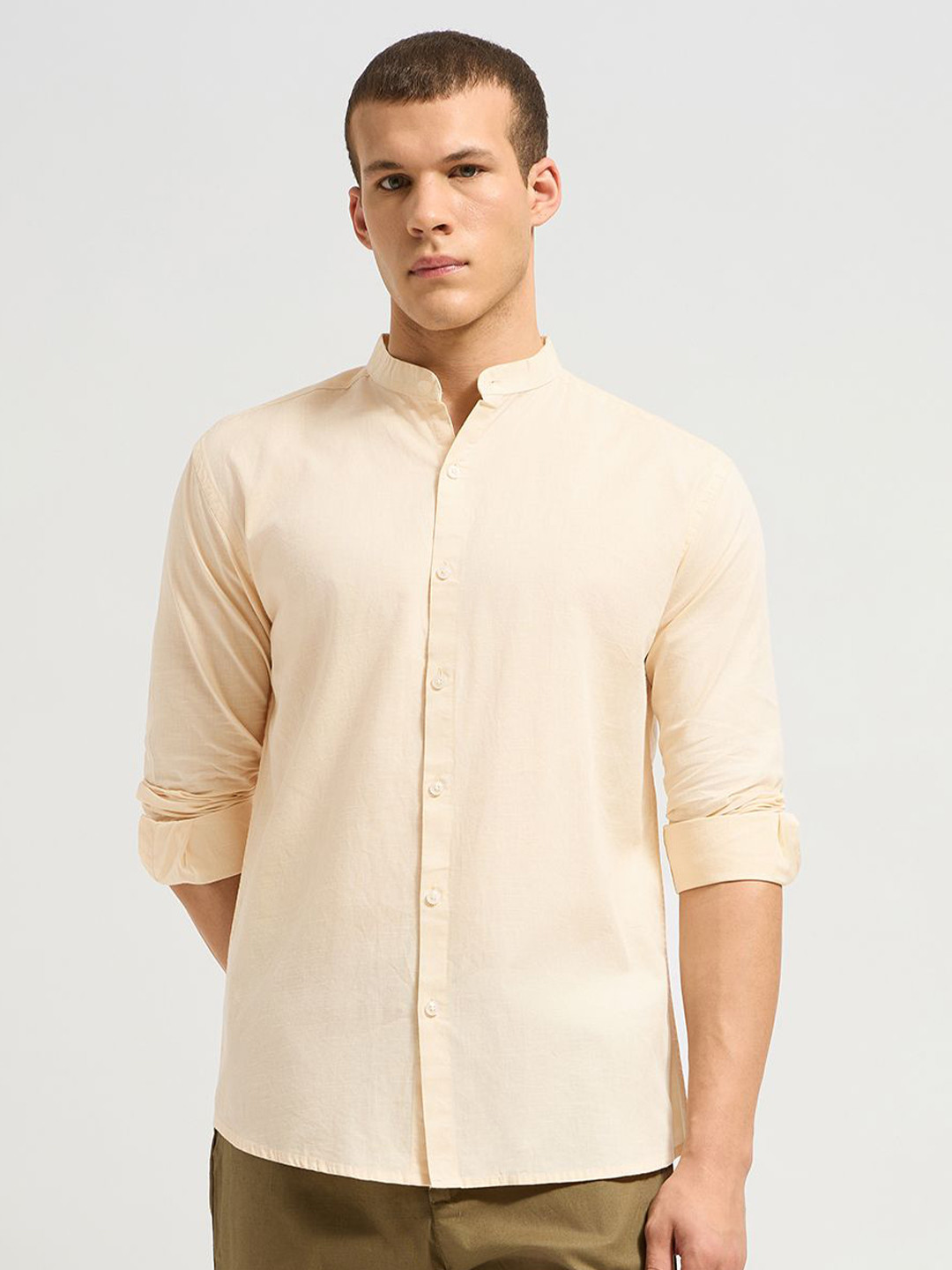 MISCHIEF MONKEY Classic Band Collar Linen Cotton Shirt