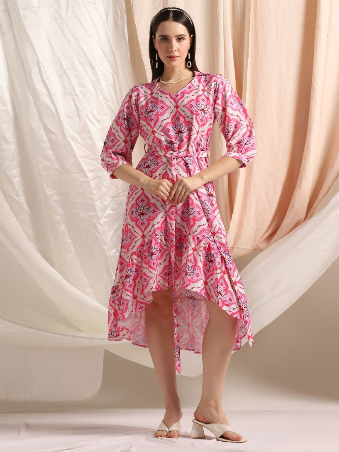 M&H Easy Ethnic Motifs Print V Neck Fit & Flare Midi Dress