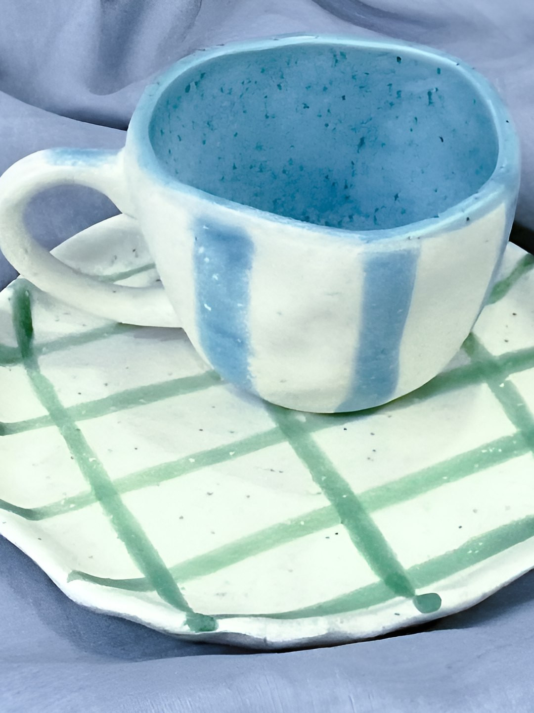 THE INDIAN ROSE Green & White Striped Glossy Ceramic Cup & Saucer