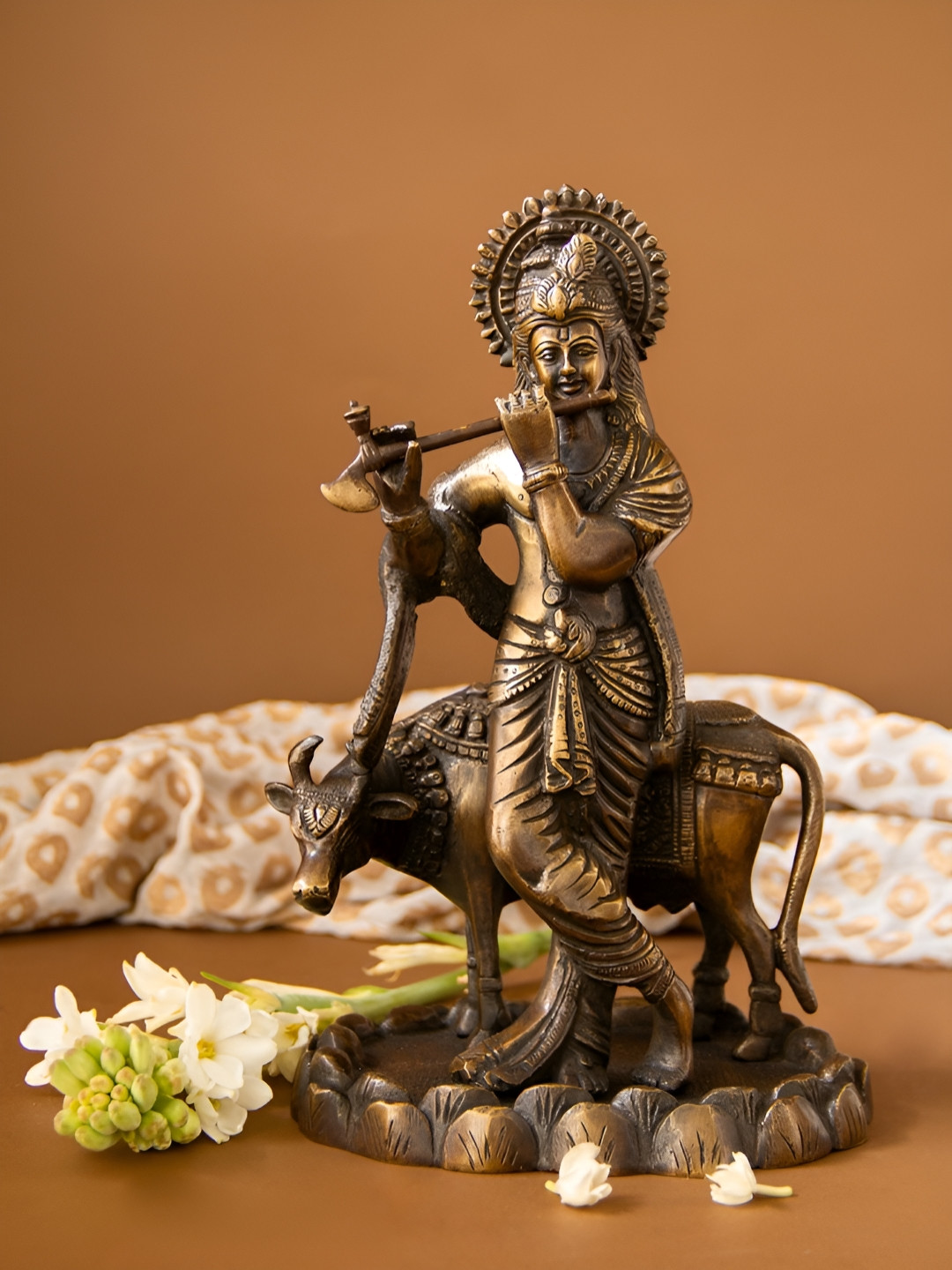 Imli Street Gold Toned Krishna Playing FluteWwith Cow Brass Big Religious Idol Showpiece