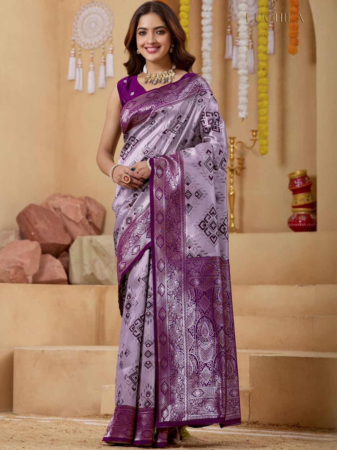 luchila Geometric Woven Design Zari Patola Saree With Blouse Piece