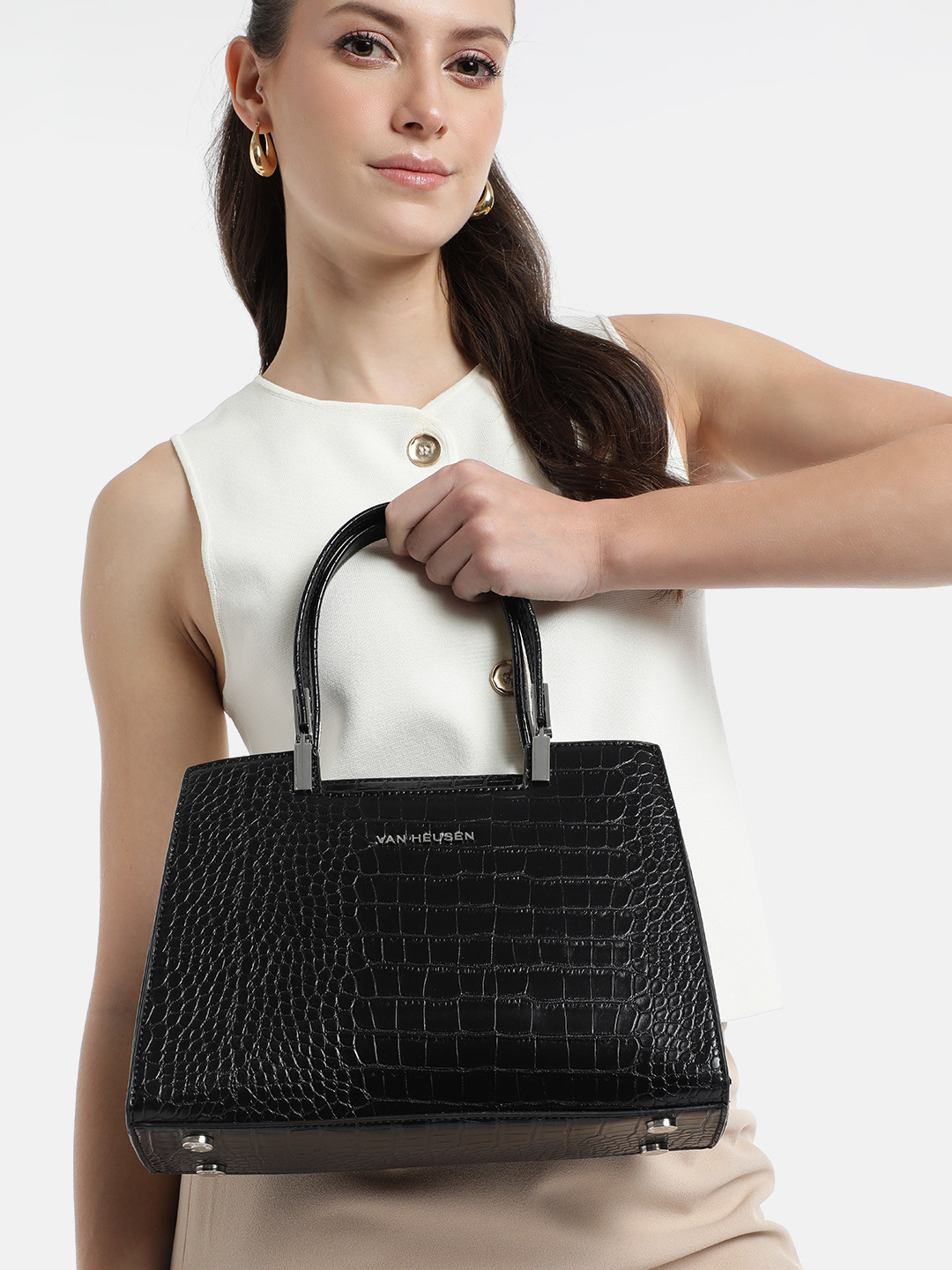 Van Heusen Croc Effect Structured Handheld Bag with Detachable Sling Strap