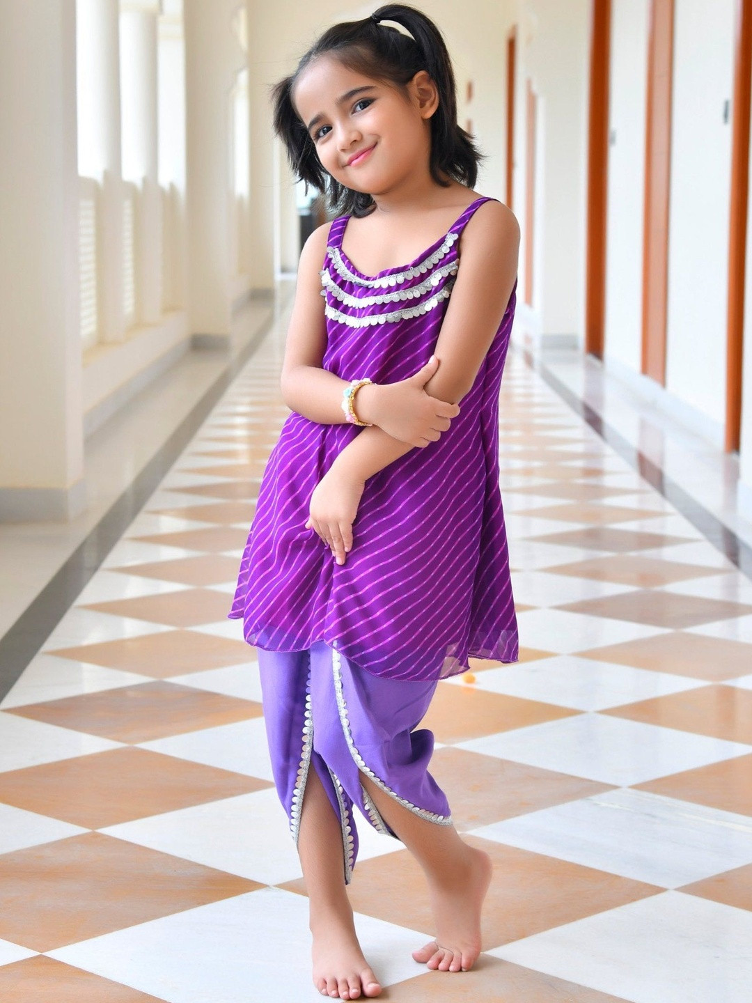 Sangria Girls Purple Striped Round Neck Georgette Kurta With Dhoti Pants