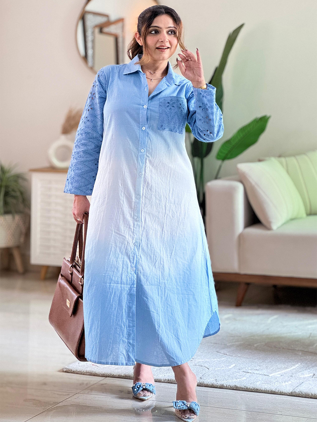 WAMA TRENDZ Women Tie and Dye Cotton Shirt Maxi Dress