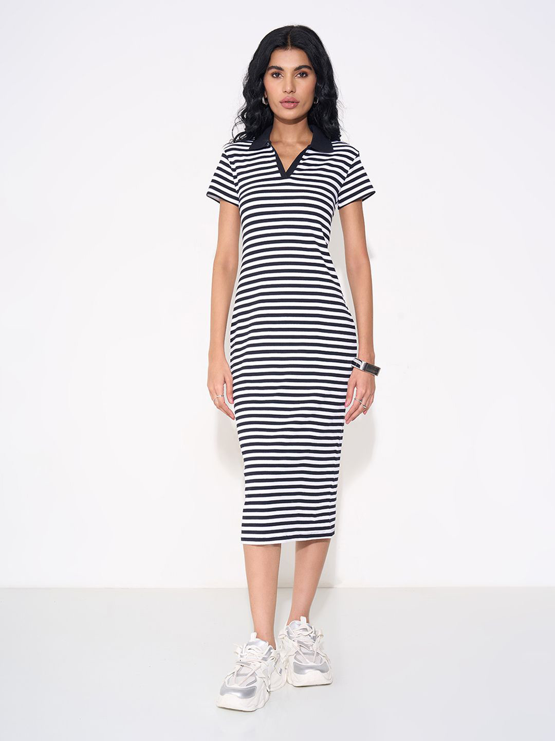 SF JEANS by Pantaloons Striped Polo Collar Bodycon Midi Dress
