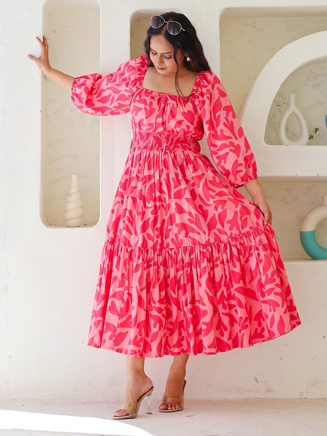 Sivaka India Printed Puff Sleeve Smocked Tiered Cotton Fit & Flare Midi Dress