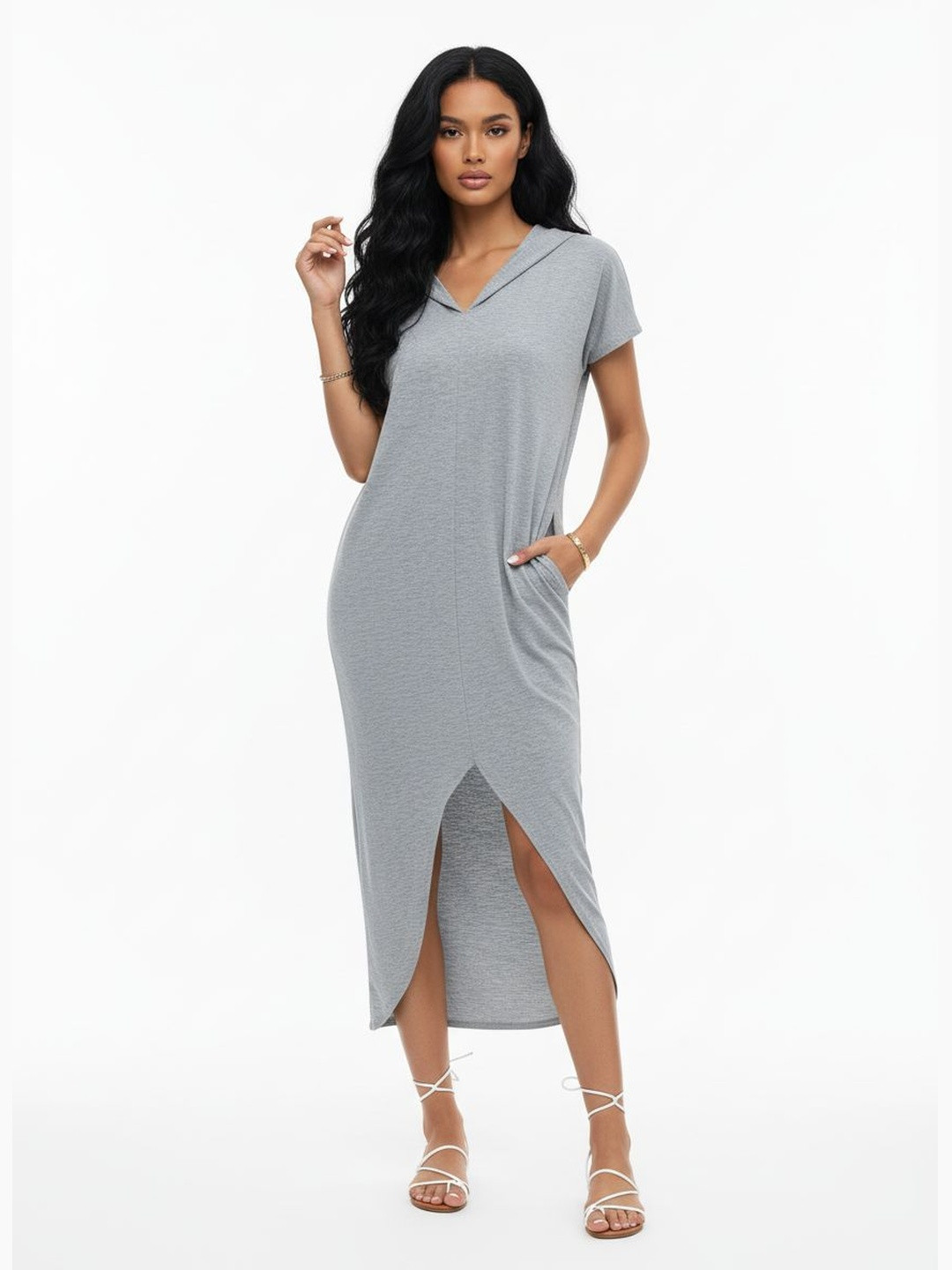 DressBerry Hooded Melange Effect Sheath Slit Dress