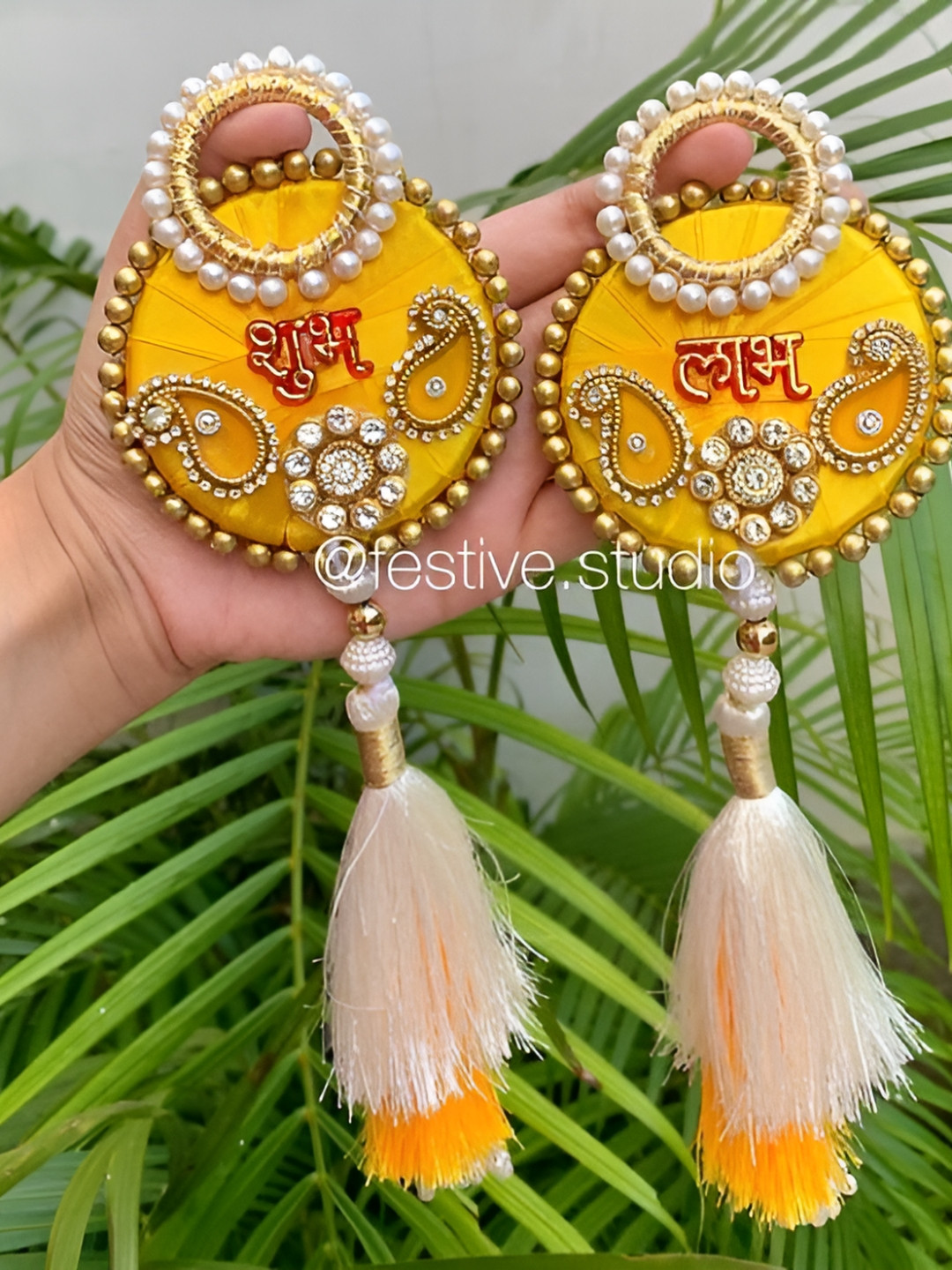 Sellplus 2Pcs White & Yellow Textured Shubh Labh Booti Tassel Hanging Torans