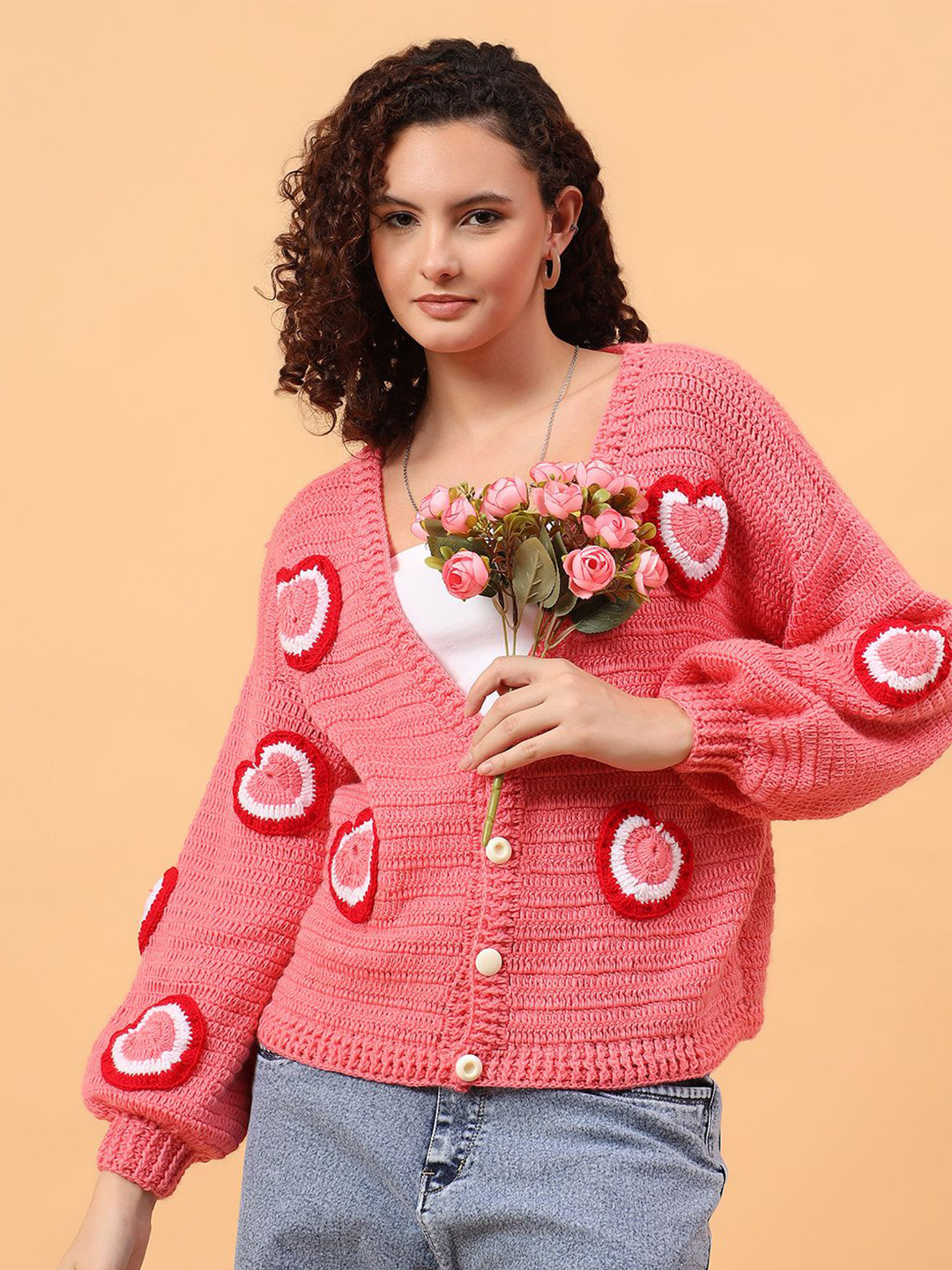 Velvery Graphic Self Design V-Neck Heart Applique Acrylic Cardigan Sweater
