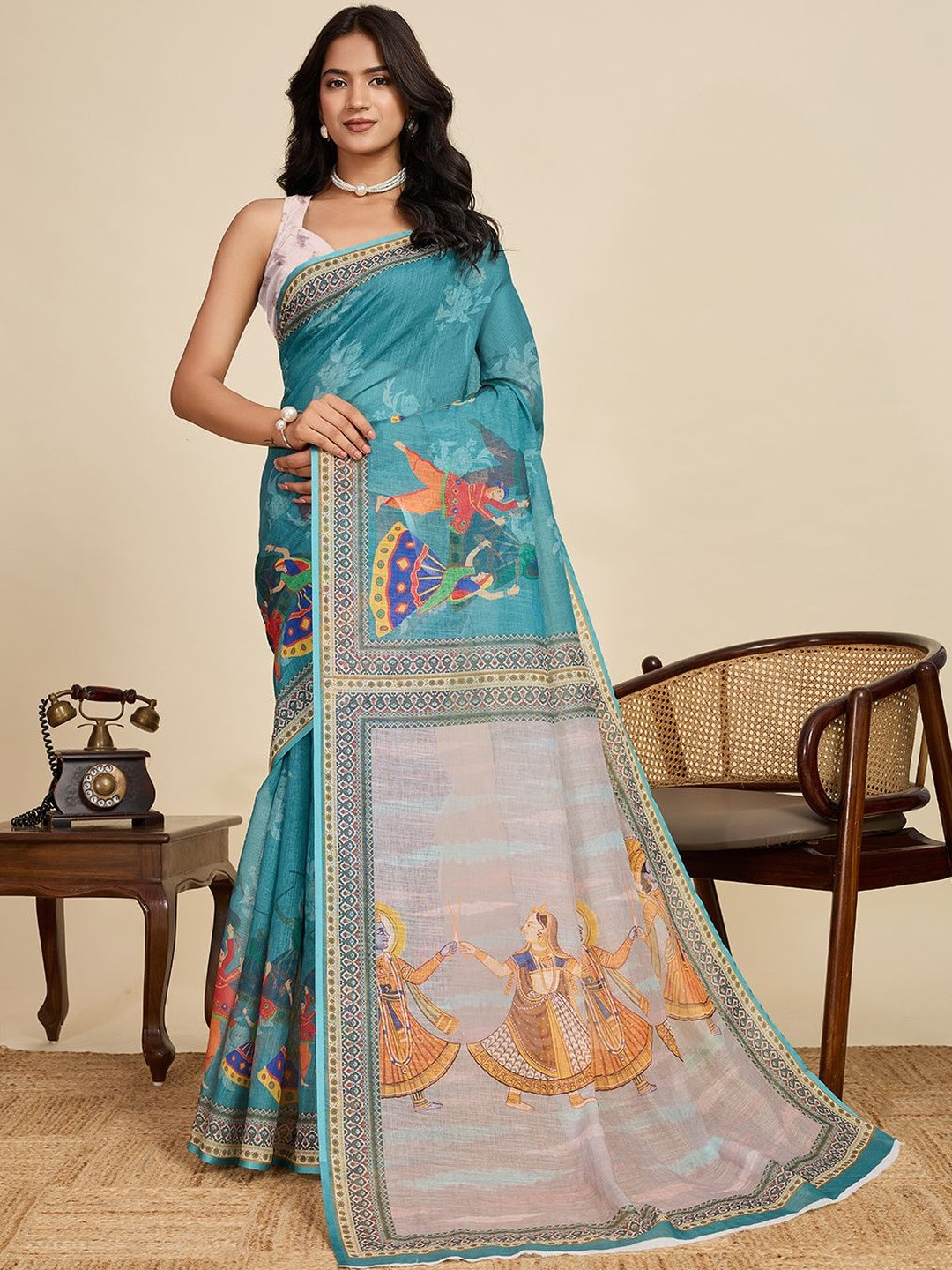 OFLINE SELECTION Ethnic Motifs Linen Blend Designer Saree