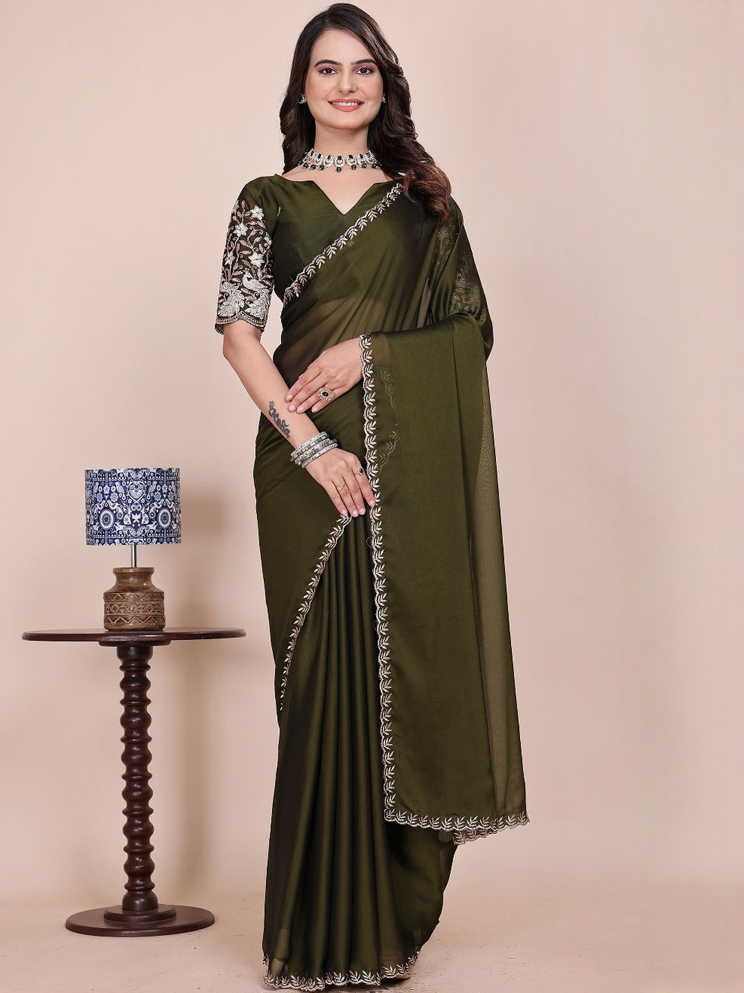 K 5 Fashion Embellished Embroidered Pure Chiffon Saree