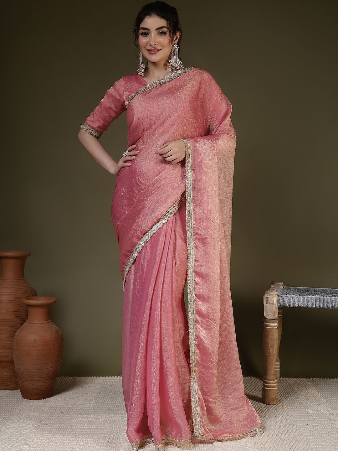 KEIYONA Woven Solid Shimmer Zari Embellished Border Saree