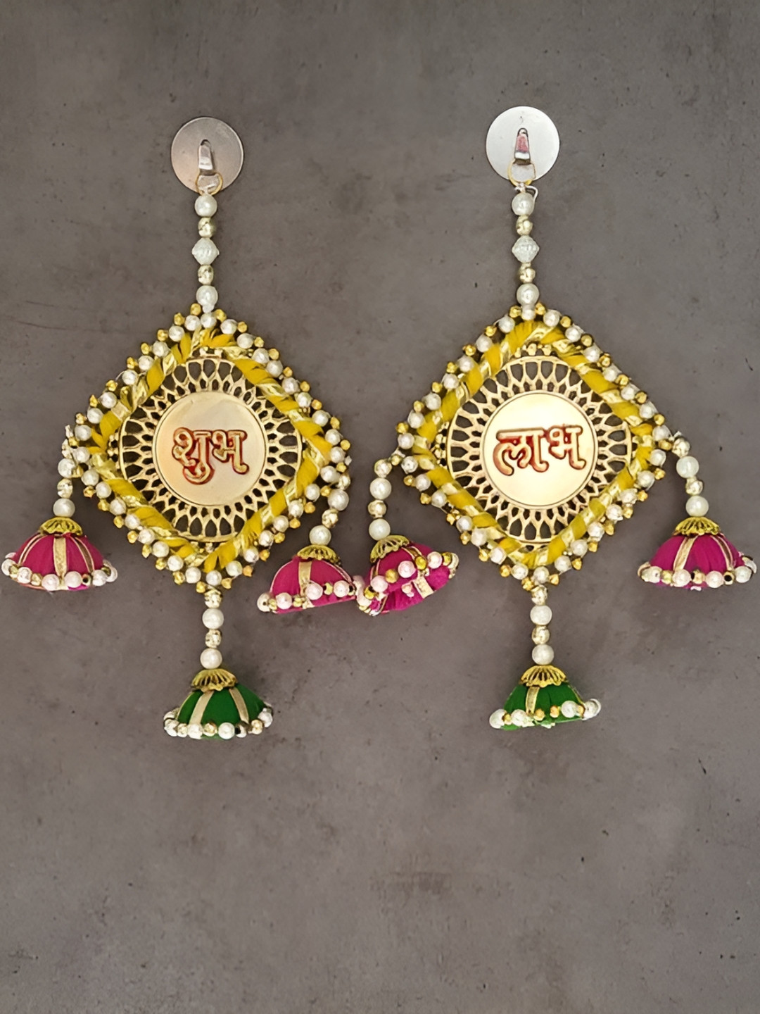 Sellplus  Pack of 2  Pink & Yellow Textured Square Shubh Labh Hanging Torans