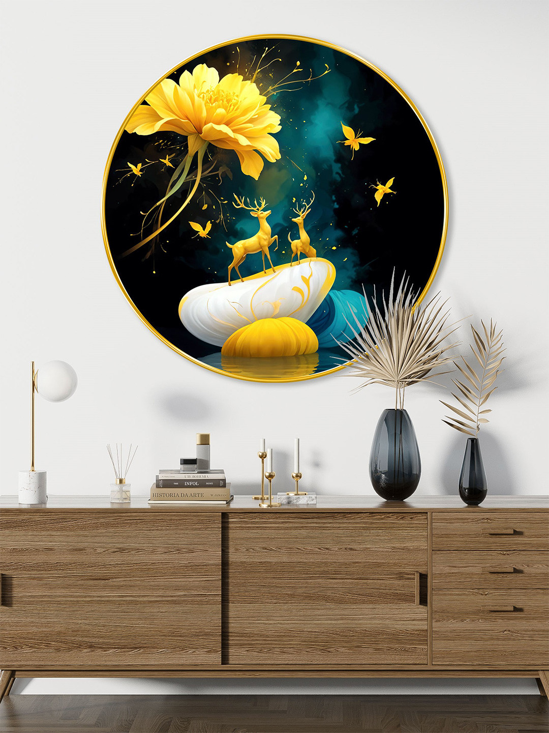 SAF Green & Black Birds And Animals Wooden Round Wall Art
