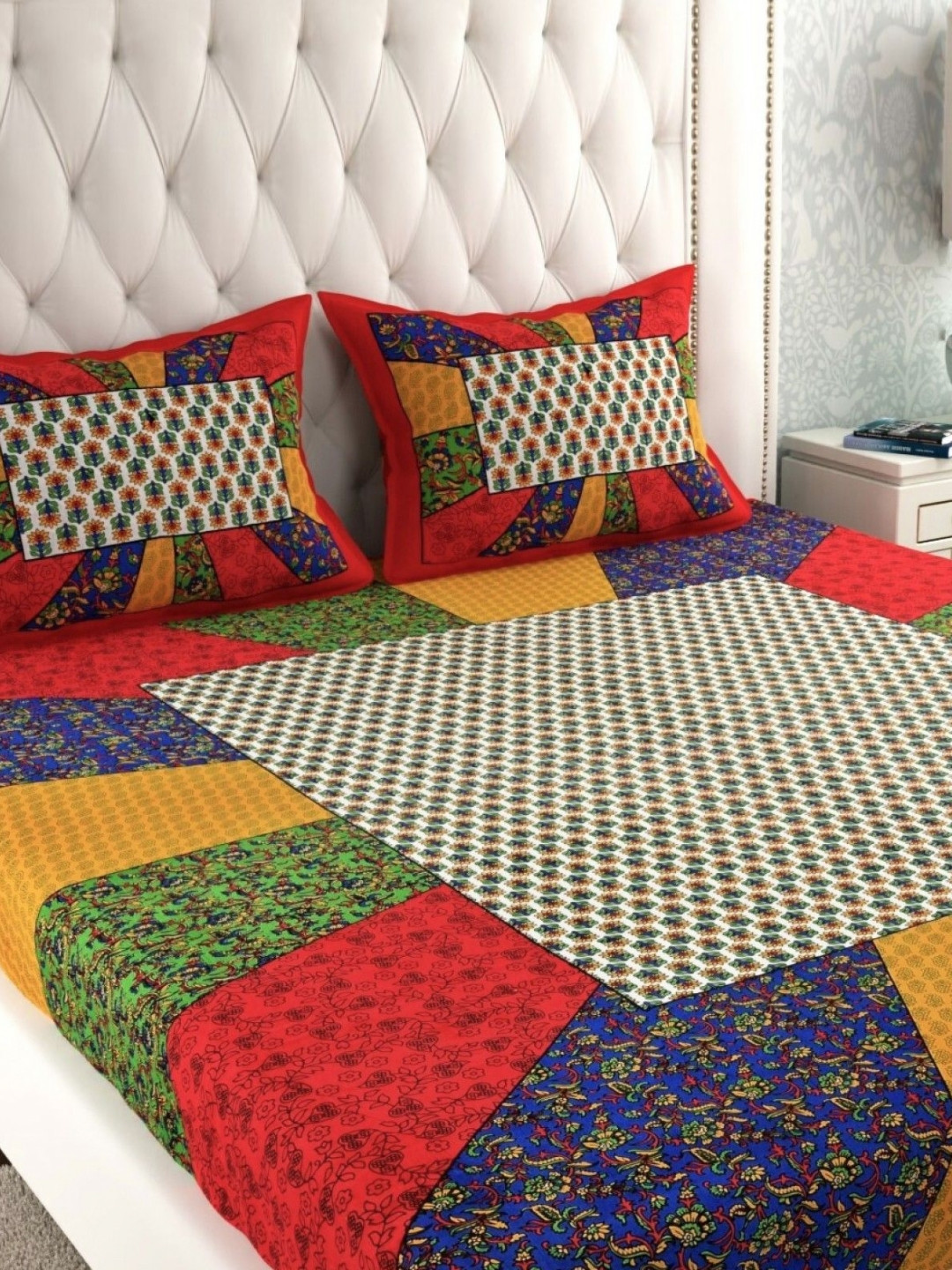 UNIBLISS Red & Yellow Floral 144 TC Queen Bedsheet Set-2.5m x 2.24m