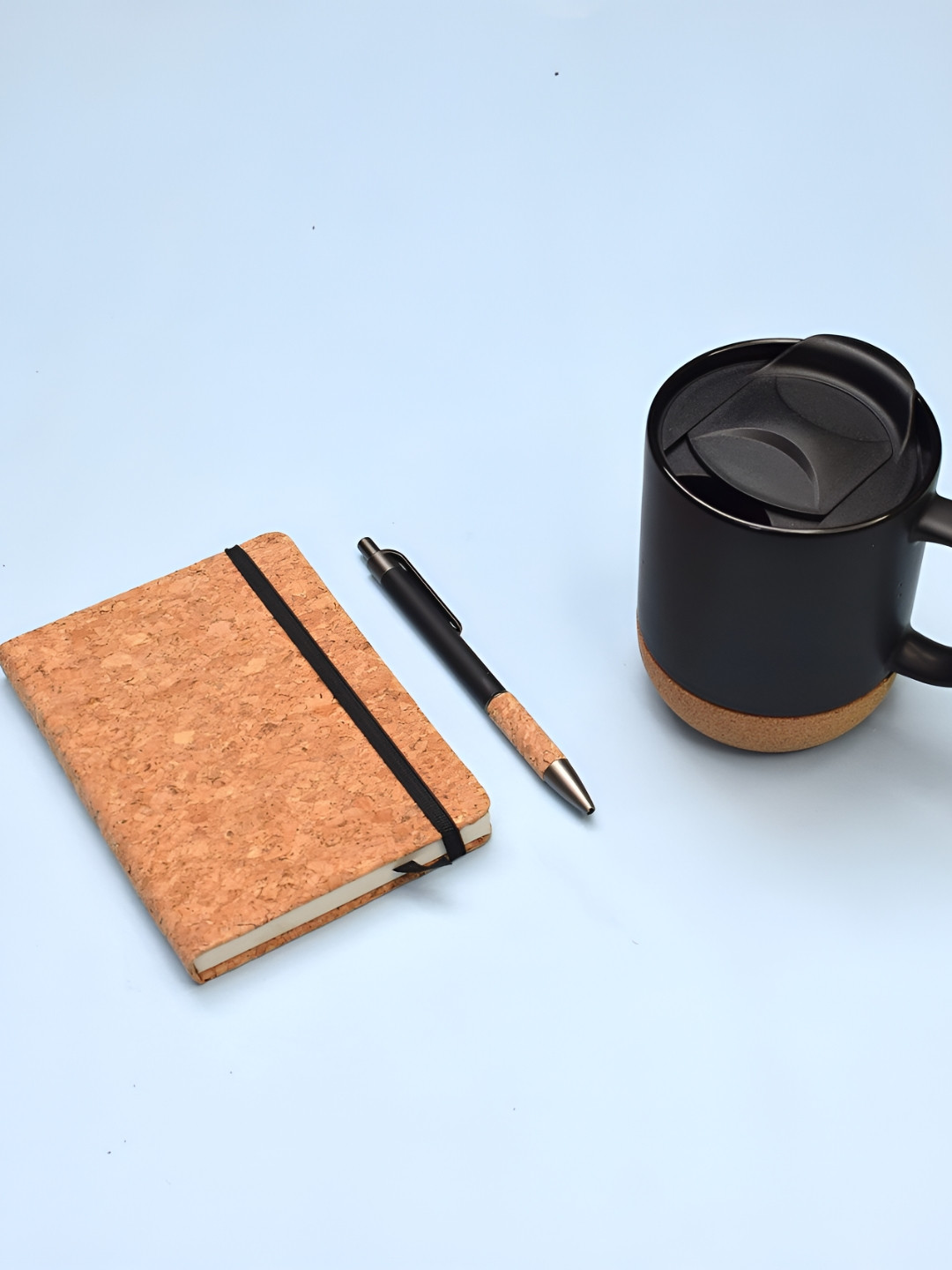 THE MOHRAJ Brown & Black 3 Pieces Mug Notebook & Pen Cork Set
