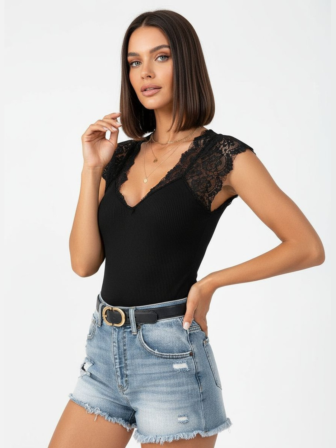 DressBerry Lace Insert Ribbed Strappy Bodysuit
