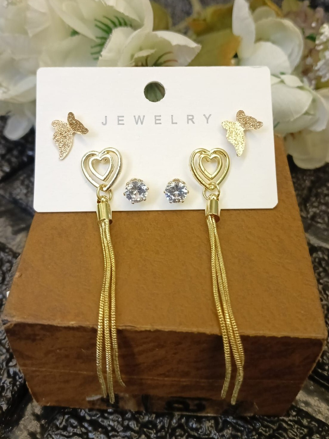 STING BEE Women Set Of 3 White & Gold-Plated Heart & Butterfly Shaped Alloy Drop Earrings