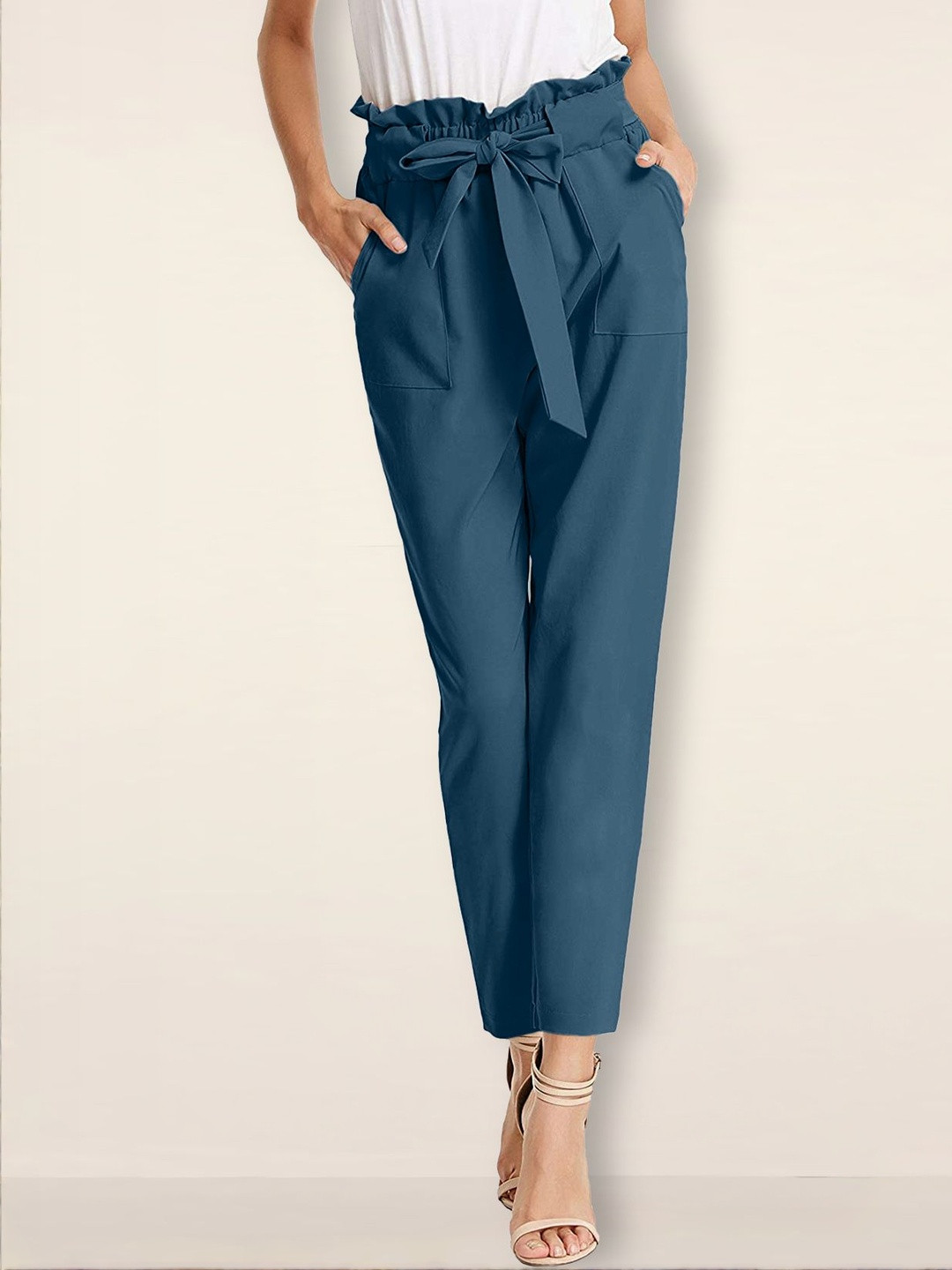 Moda Rapido Women Teal Blue Polyester Pocket Knotted Stretchable Pant