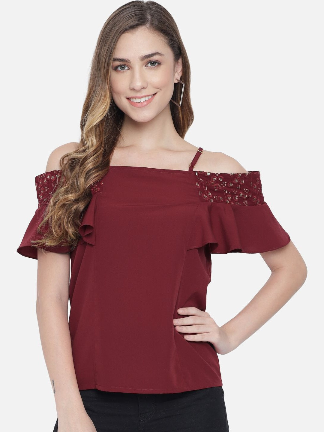 OTIRA Women Maroon Off-Shoulder Ruffles Top