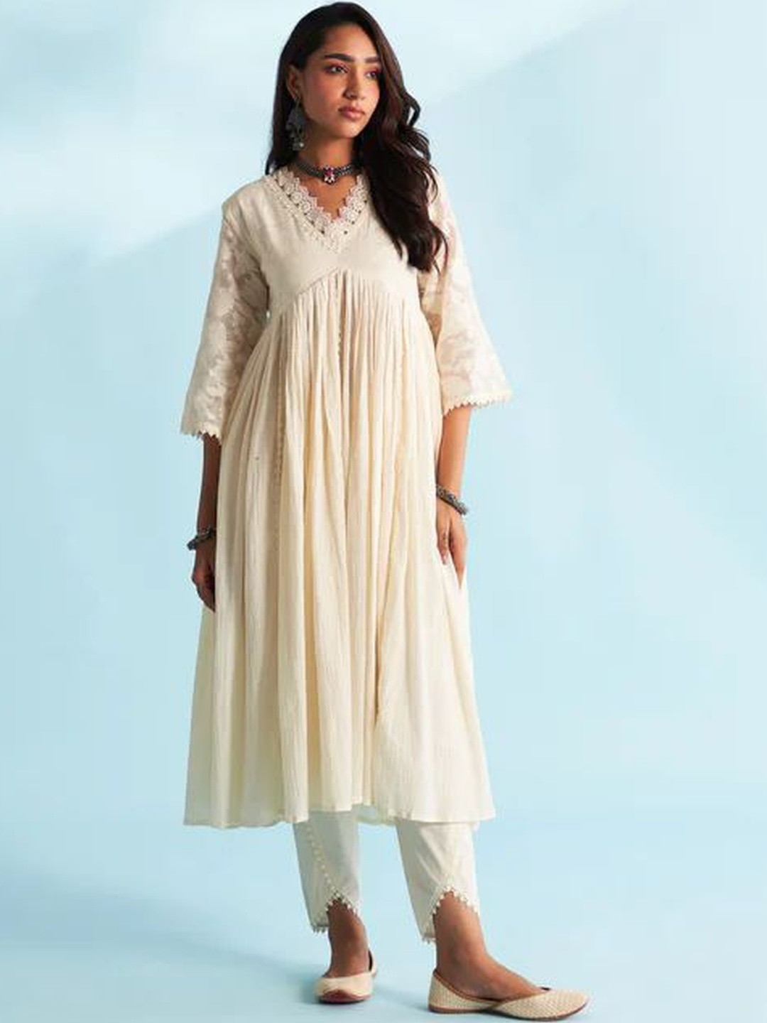 ROZE V-Neck Chanderi Cotton Flared Kurtas